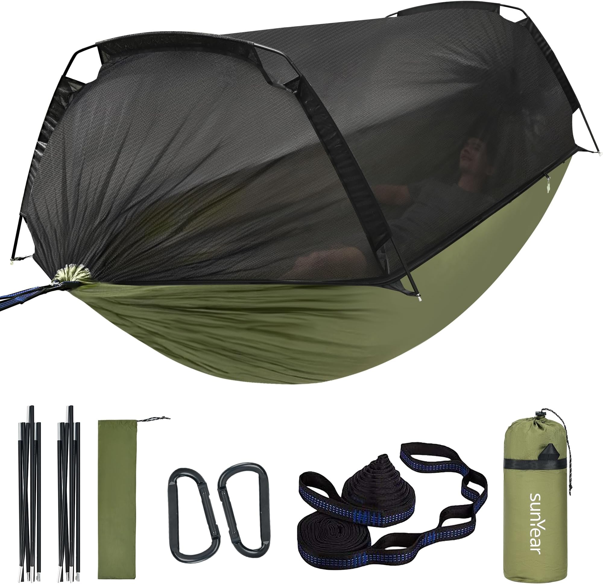 Sunyear Camping Hammock Tent - Portable Hammocks with Mosquito Net (Single/Double, 500lbs Capacity) - Spacious & Anti-Rollover Design with 2 Tree Straps for Hiking, Backpacking, Indoor/Outdoor Use