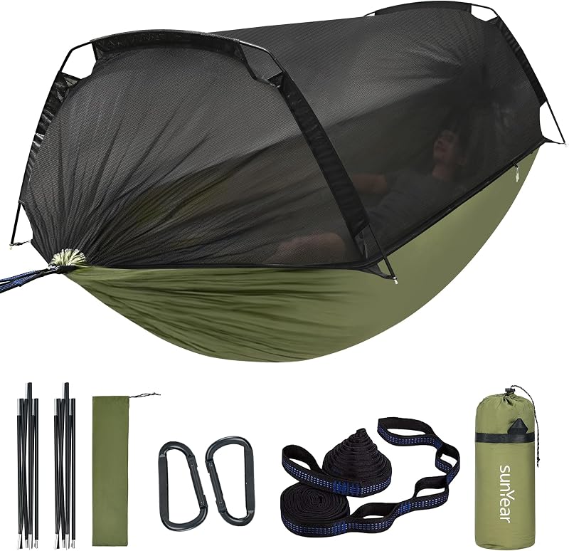 Tienda de campaña para hamaca Sunyear - Hamacas portátiles con mosquitera (individual/doble, capacidad de 500 libras) - Diseño espacioso y antivuelco con 2 correas para árboles para senderismo, mochilero, uso en interiores y exteriores