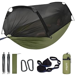 Sunyear Camping Hammock Tent - Portable Hammocks with Mosquito Net (Single/Double, 500lbs Capacity) - Spacious & Anti-Rollover Design with 2 Tree Straps for Hiking, Backpacking, Indoor/Outdoor Use - Amazon product rated Grade A