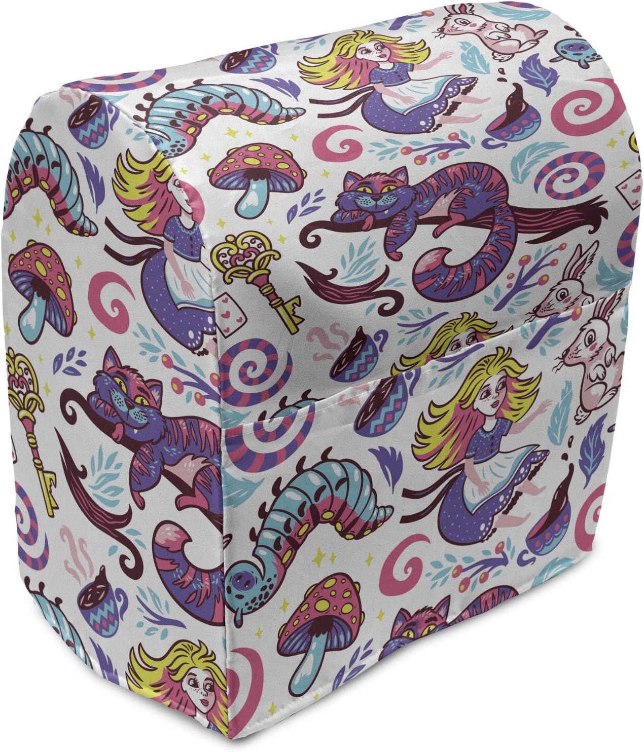 Ambesonne Alice in Wonderland Stand Mixer Cover, Fantasy World Concept Hand-Drawn Caterpillar Cat Rabbit, Kitchen Appliance Organizer Bag Cover with a Pocket, 6-8 Quarts, Multicolor