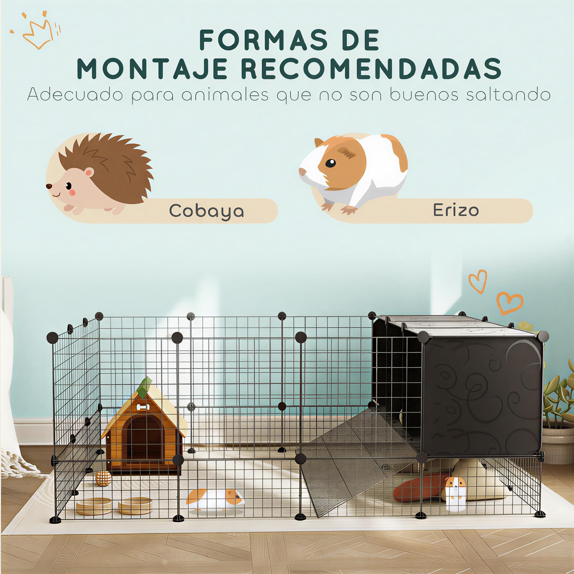 PawHut Valla para Mascotas de Bricolaje con 39 Paneles y 3 Nidos Parque para Conejos Recinto para Conejos para Cobayas, Conejos y Erizos Negro