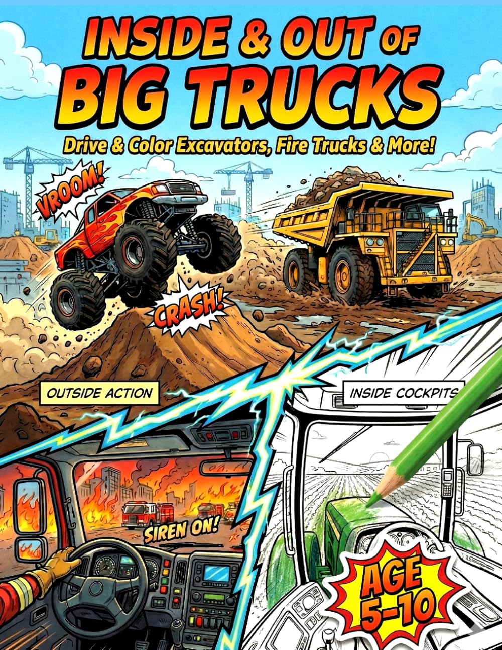 INSIDE & OUT of BIG TRUCKs: Coloring Book View from the Cabin & Exterior of Excavators, Fire Trucks, Garbage Truck, Police, Monster Trucks & Trains | ... Boys Ages 5-10 (Big Trucks and Cool Vehicles)