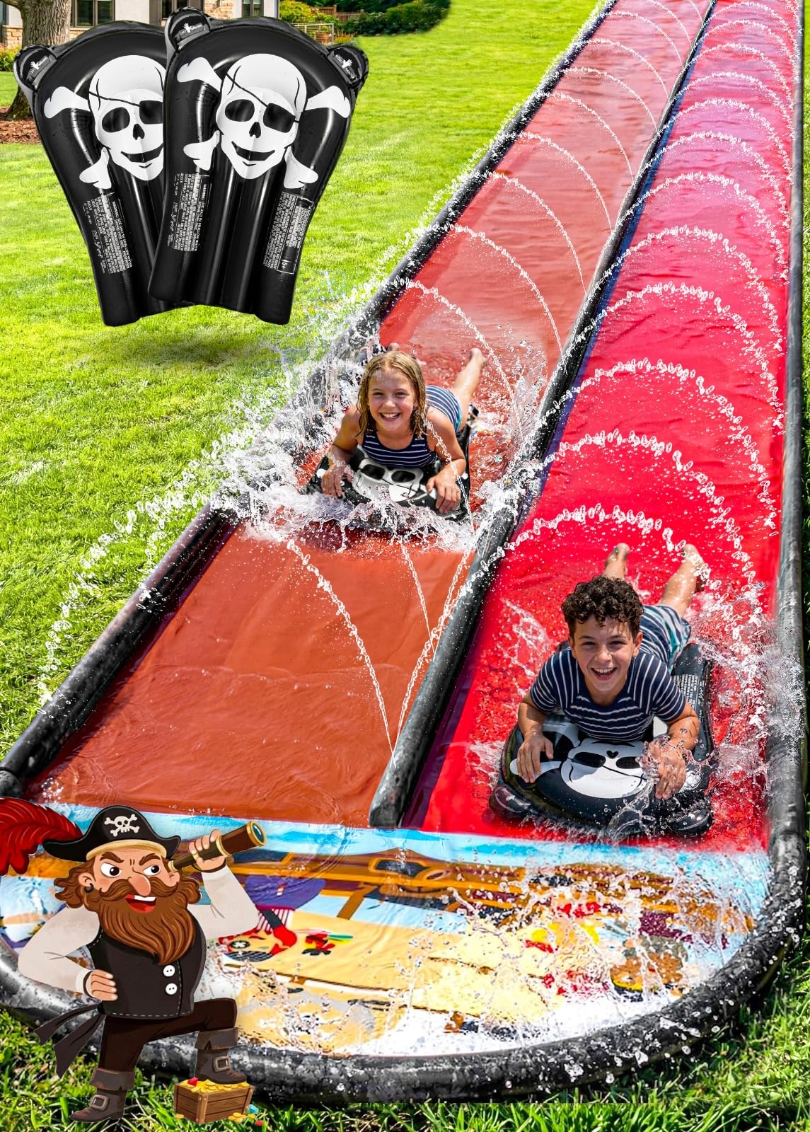 JAMBO Premium 22Ft Water Slide and 2 Bodyboards, Extra Long Heavy Duty Slip Splash and Slide with Inflatable Bumpers, Pirate Splash Mat Water Sprinkler, Outdoor Water Toys, Summer n Toy, Splash Pad
