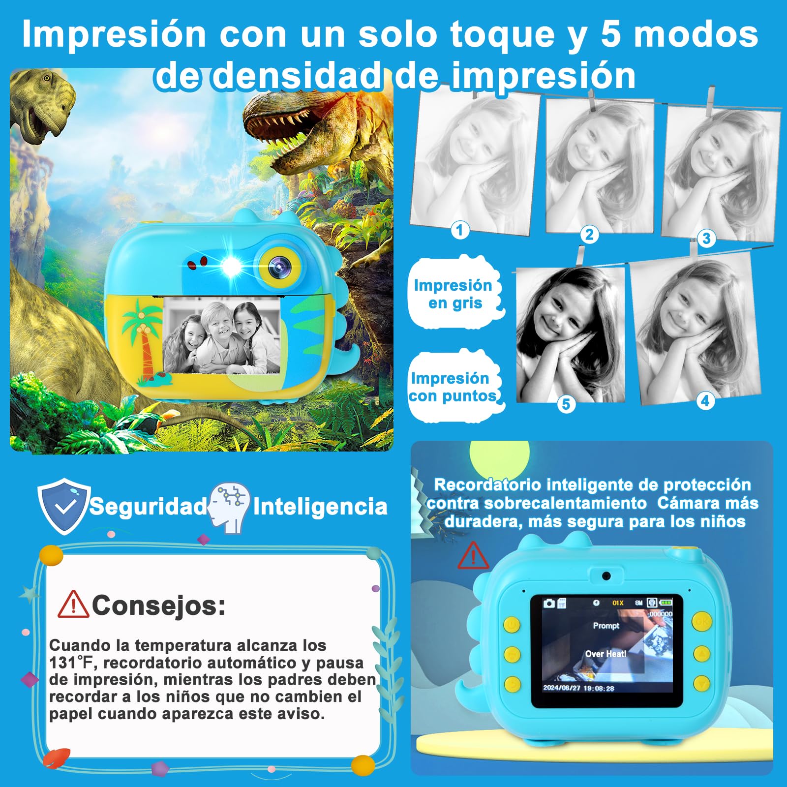 ARNSSIEN Camara Fotos Infantil Instantanea con 7 Rollos de Papel, 2,4 ’‘ Camara Fotos Infantil con Vídeo HD 1080P, Regalo cumpleaños Navidad para niñas y niños de 3 a 12 Años, M3