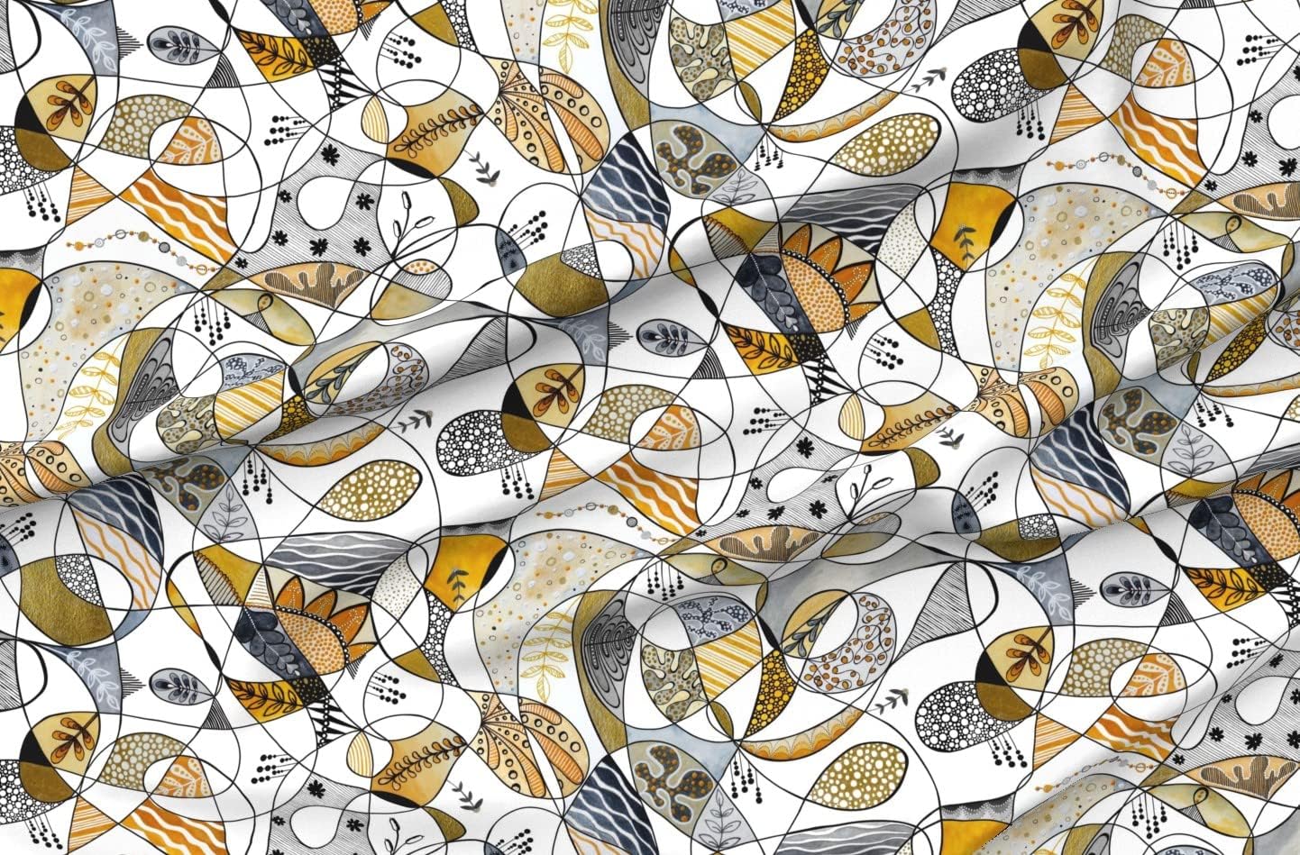 Spoonflower Fabric - Line Grey Yellow Large Black White Leaves Circles Dots Printed on Organic Cotton Sateen Fabric by The Yard - Sewing Quilting Apparel Home Decor