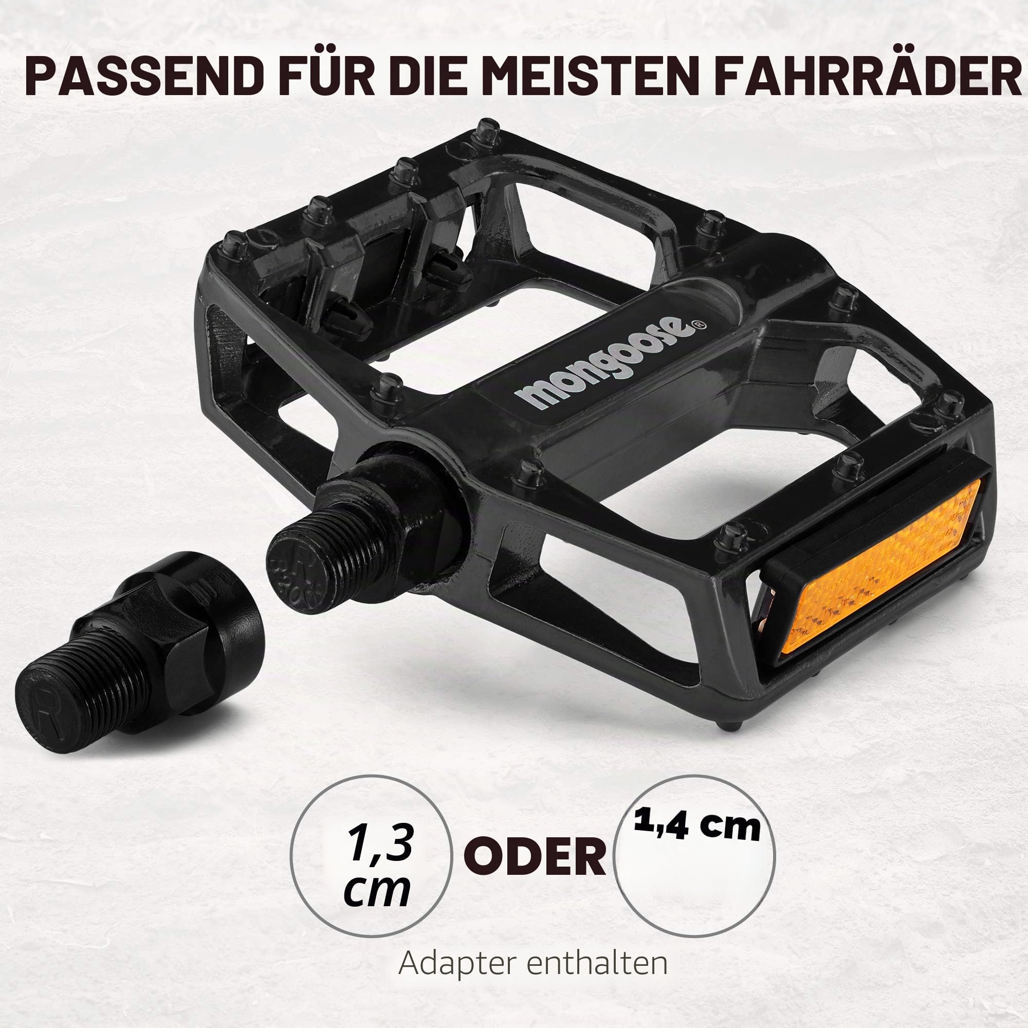 Mongoose Mountainbike-Pedale für Erwachsene, 1,27 cm und 9/16 Zoll Adapter, langlebige Legierung, Fahrrad-Plattformpedal, Refective Strips, MTB-Fahrradzubehör
