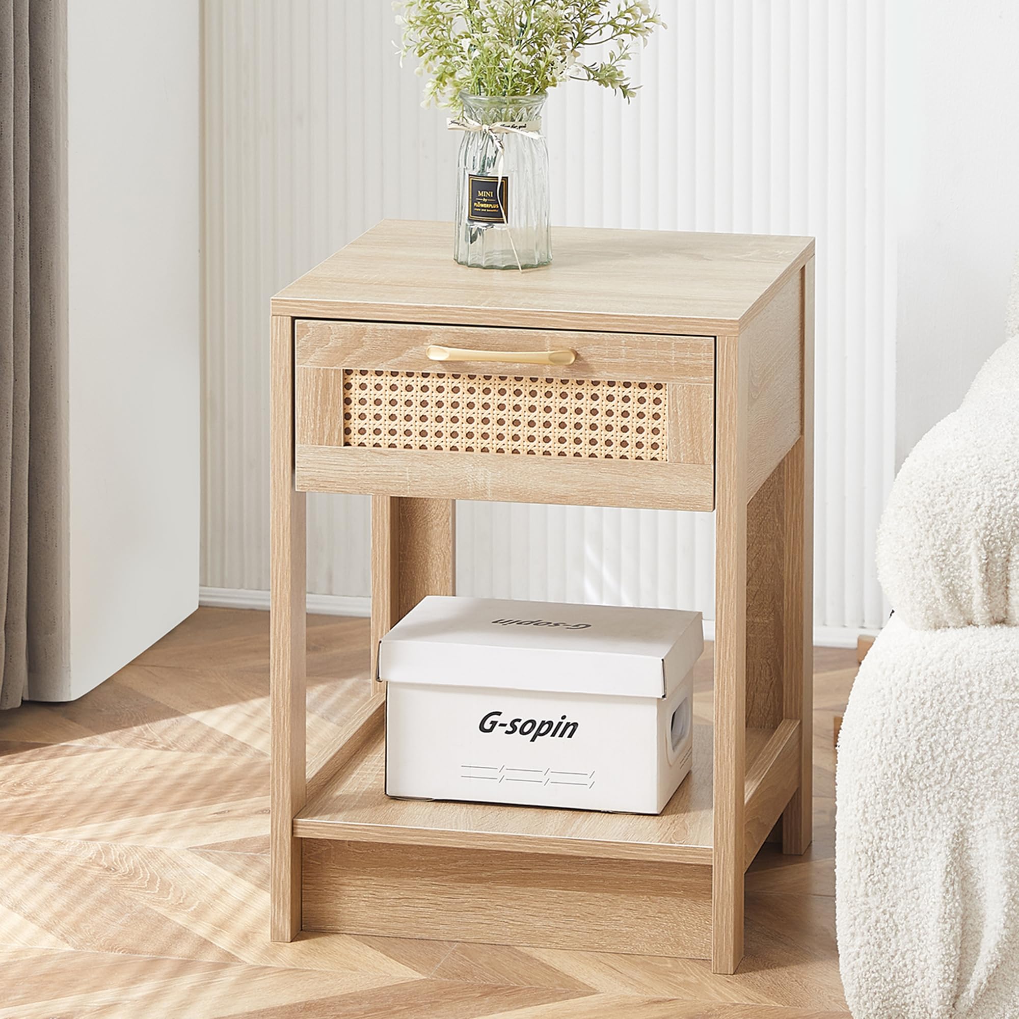 Table de Chevet en Rotin avec Tiroir et Pieds en Bois - Table de Nuit Moderne