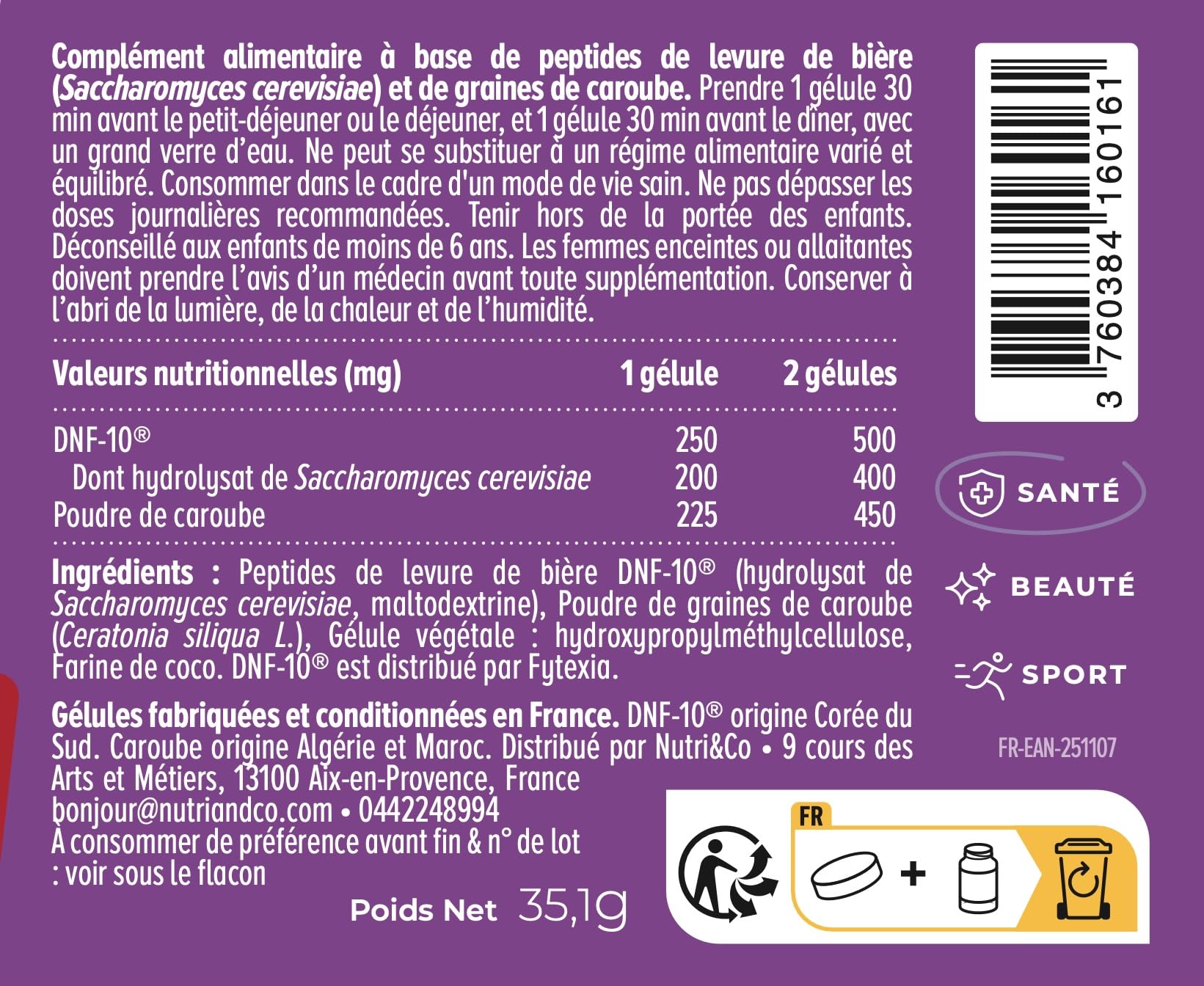 NUTRI & CO Formule Satiété - DNF-10® & Caroube - 2en1 Réduction d'Appétit - Complément Alimentaire Perte de Poids Minceur - Cure 1mois - 60 gélules Vegan - Fabriqué en France