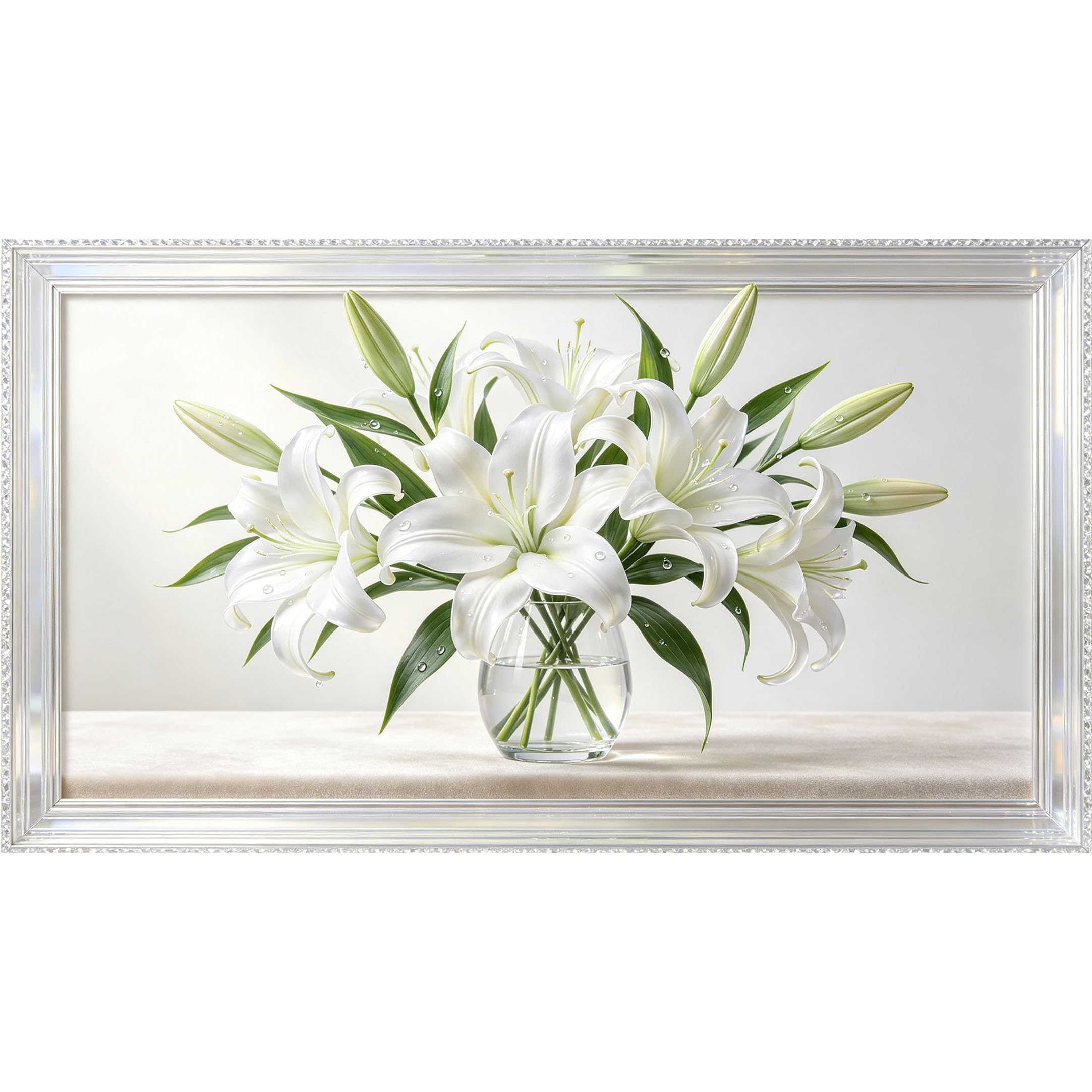 QZLITHOTIC 50x90cm3D Framed Wall Art， White Lily Flower Botanical Self‑Adhesive Mural， Water‑Activated Peel & Stick Fabric Decor Wall Decal for Bedroom Living Room