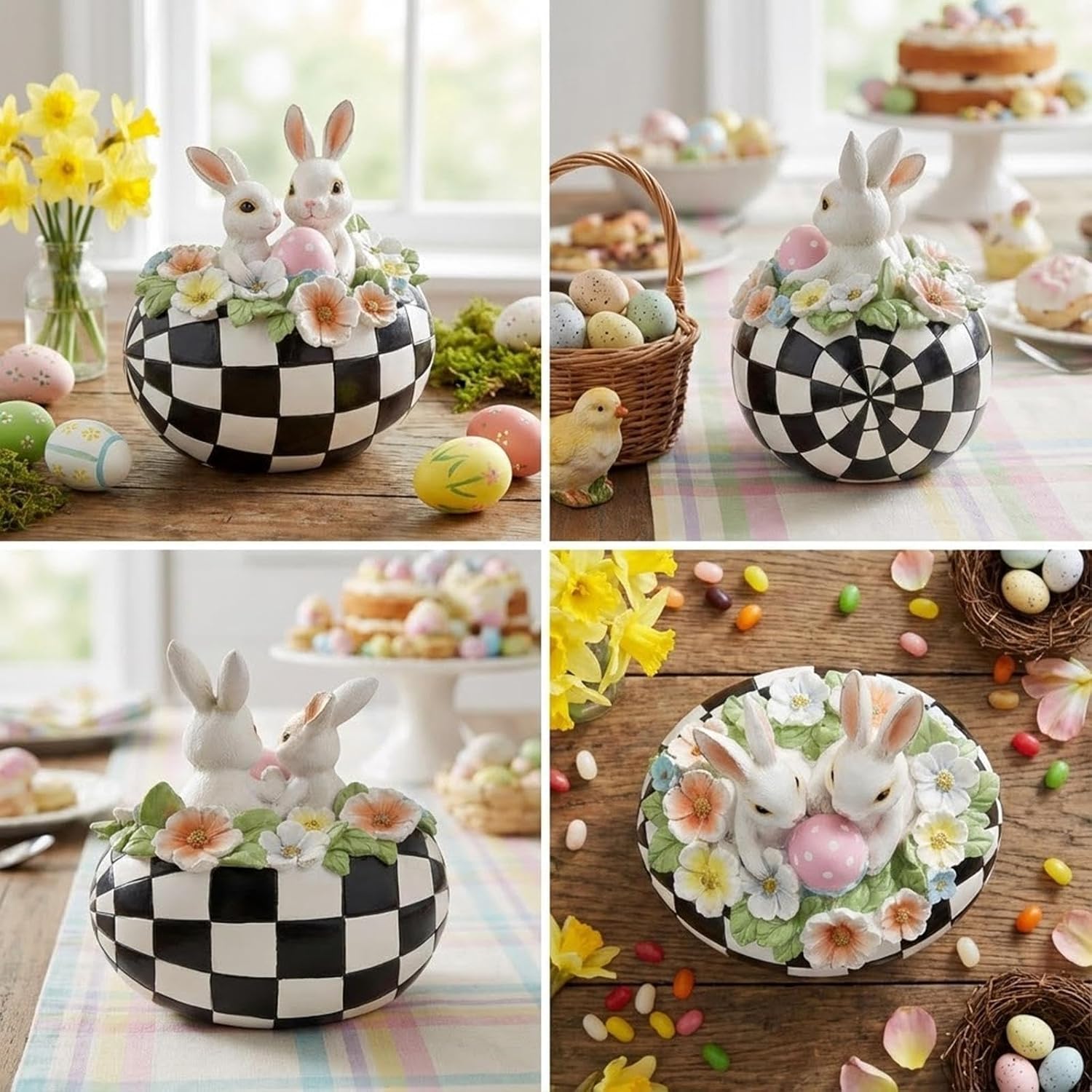 Black White Checkered Easter Egg Bunny Figurines, Resin Cute Buffalo Plaid Decorative Egg Rabbit Statue Table Centerpiece Home Decorations Indoor, Spring Tabletop Mantel Shelf Office Decor - Image 6