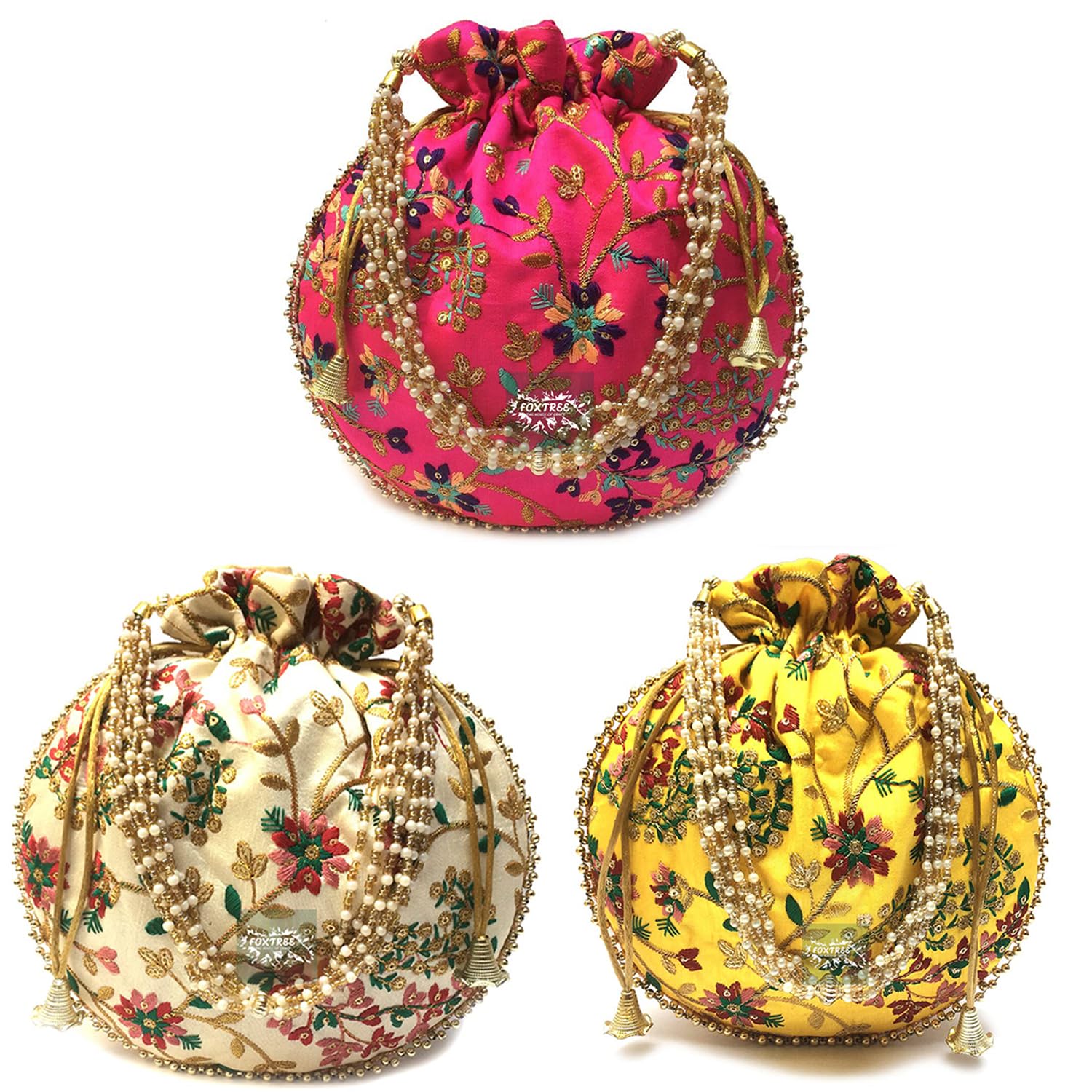 Pack of 3 Rajasthani Royal Silk Potli Bags Combo – Zari Work Bridal Potli with Beads & Moti Handle | Multi-Color Gift, Shagun & Wedding Clutches for Women & Girls | Pink, Cream & Yellow-image-19