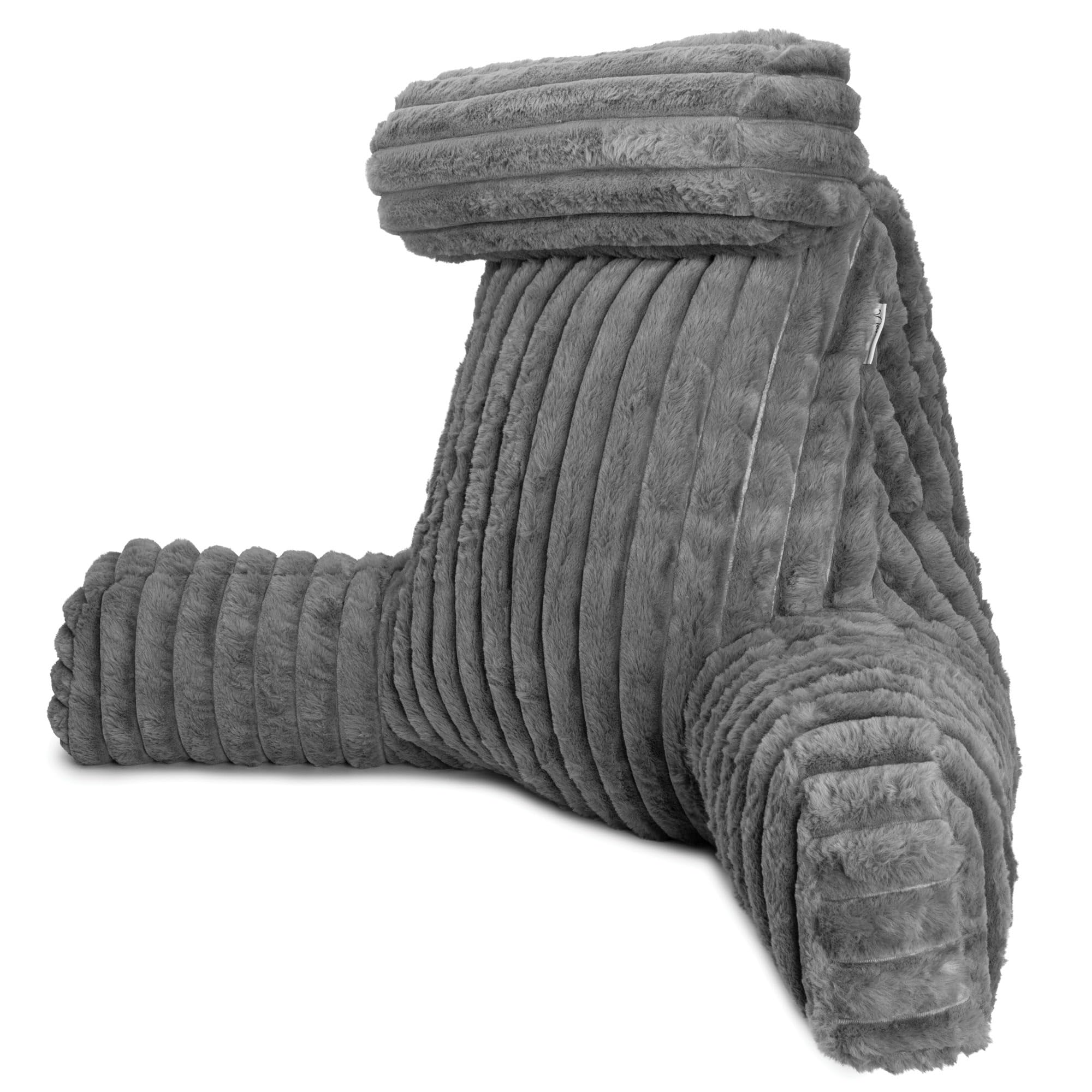 Aamira Grey Reading Pillow, Memory Foam, Headrest, Faux Fur Ribbed Cover,