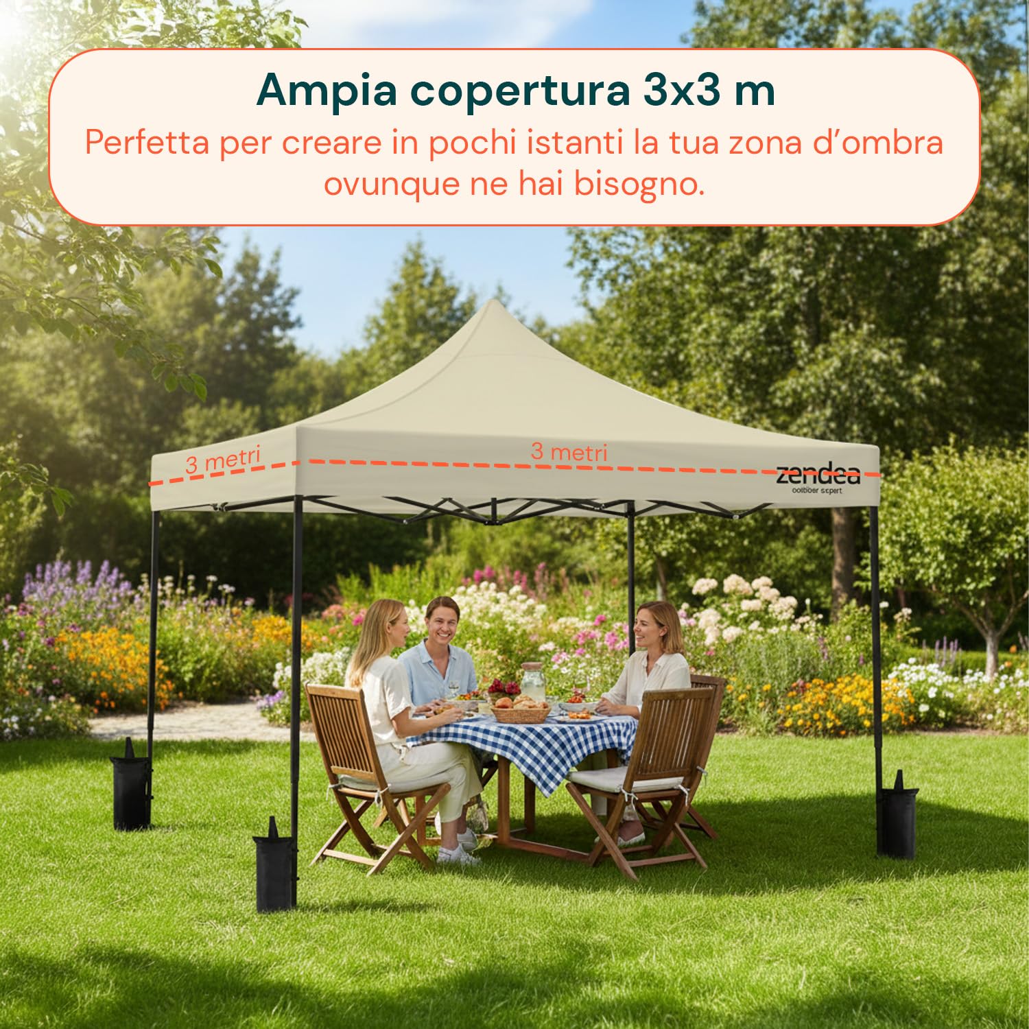 Gazebo Pieghevole Impermeabile 3x3 Beige Oxford 600D PVC Struttura Rinforzata per Giardino