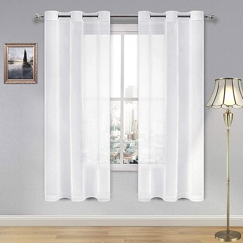 DWCN White Sheer Curtains for Living Room Bedroom - Faux Linen Look Voile Drapes Grommet Top Window Curtain Panel 46 x 63 Inch Length, Set of 2 Panels