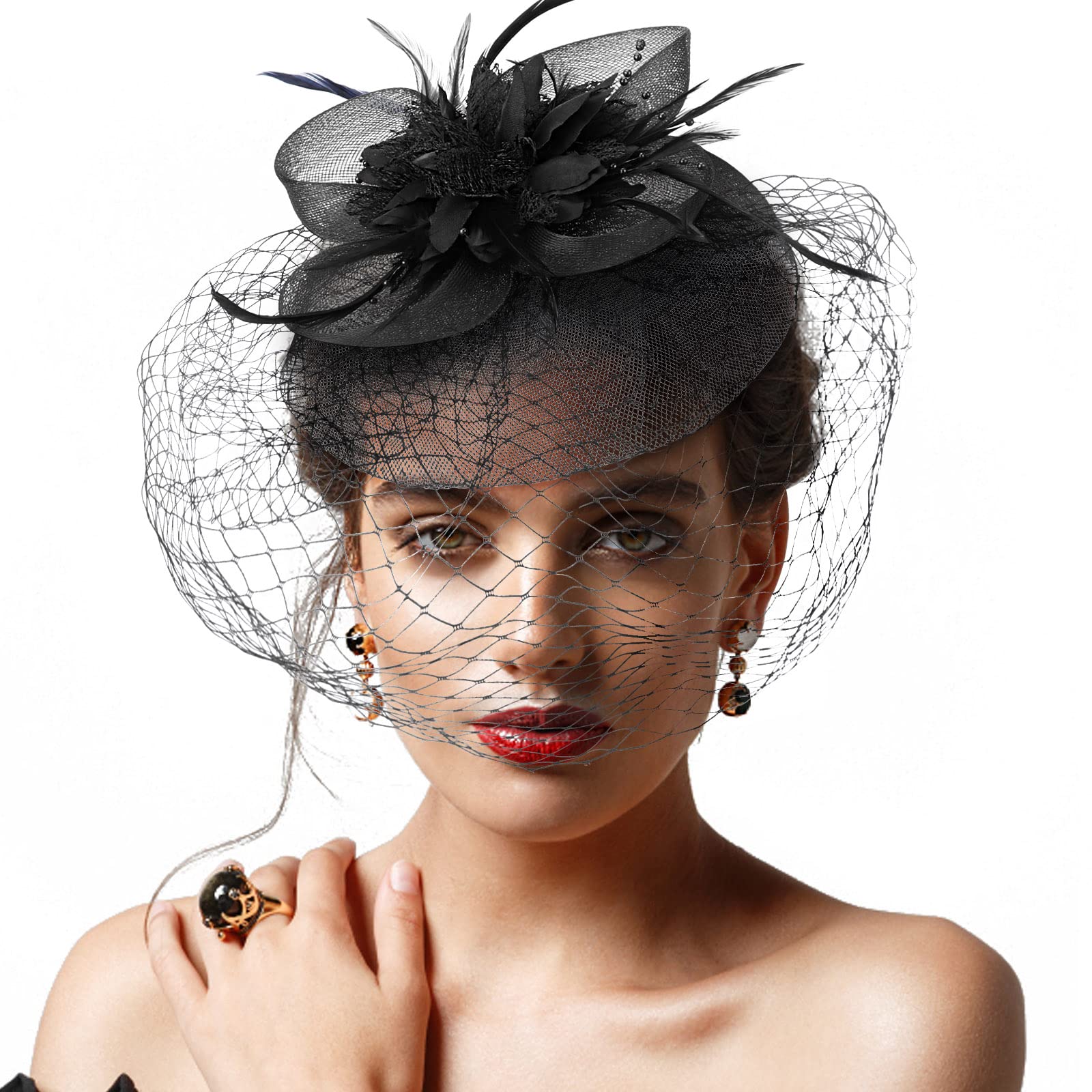 DRESHOW Fascinator Hats for Women Pillbox Hat with Veil Headband and a Forked Clip Tea Party Headwear