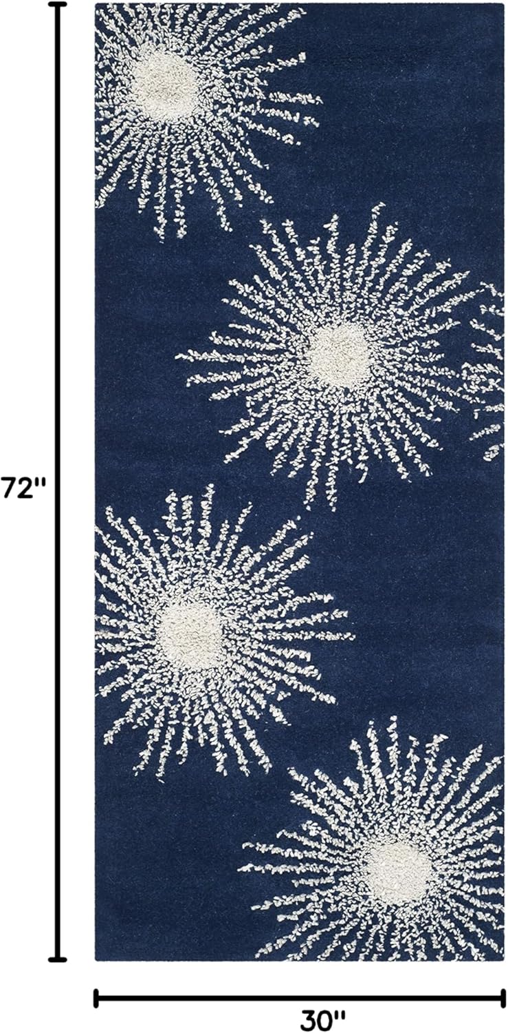 SAFAVIEH Soho Collection 2'6" x 6' Dark Blue/Ivory SOH712M Handmade Starburst Premium Wool & Viscose Runner Rug