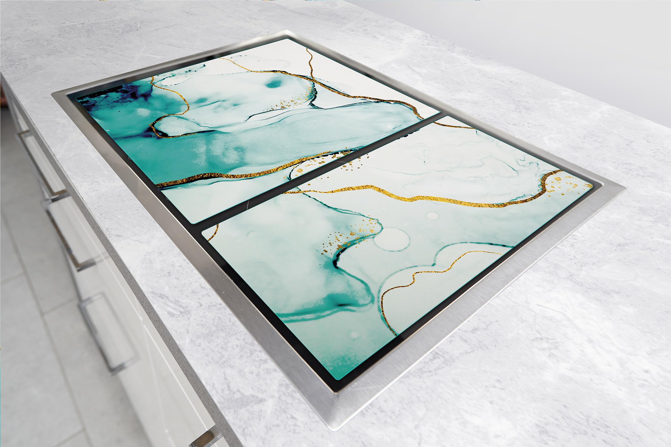 TMK ArtDeko Placa protectora de vitrocerámica 75 x 52 cm 2 pieza cocina eléctrica universal para inducción protección contra salpicaduras tabla de cortar de vidrio templado, Mármol