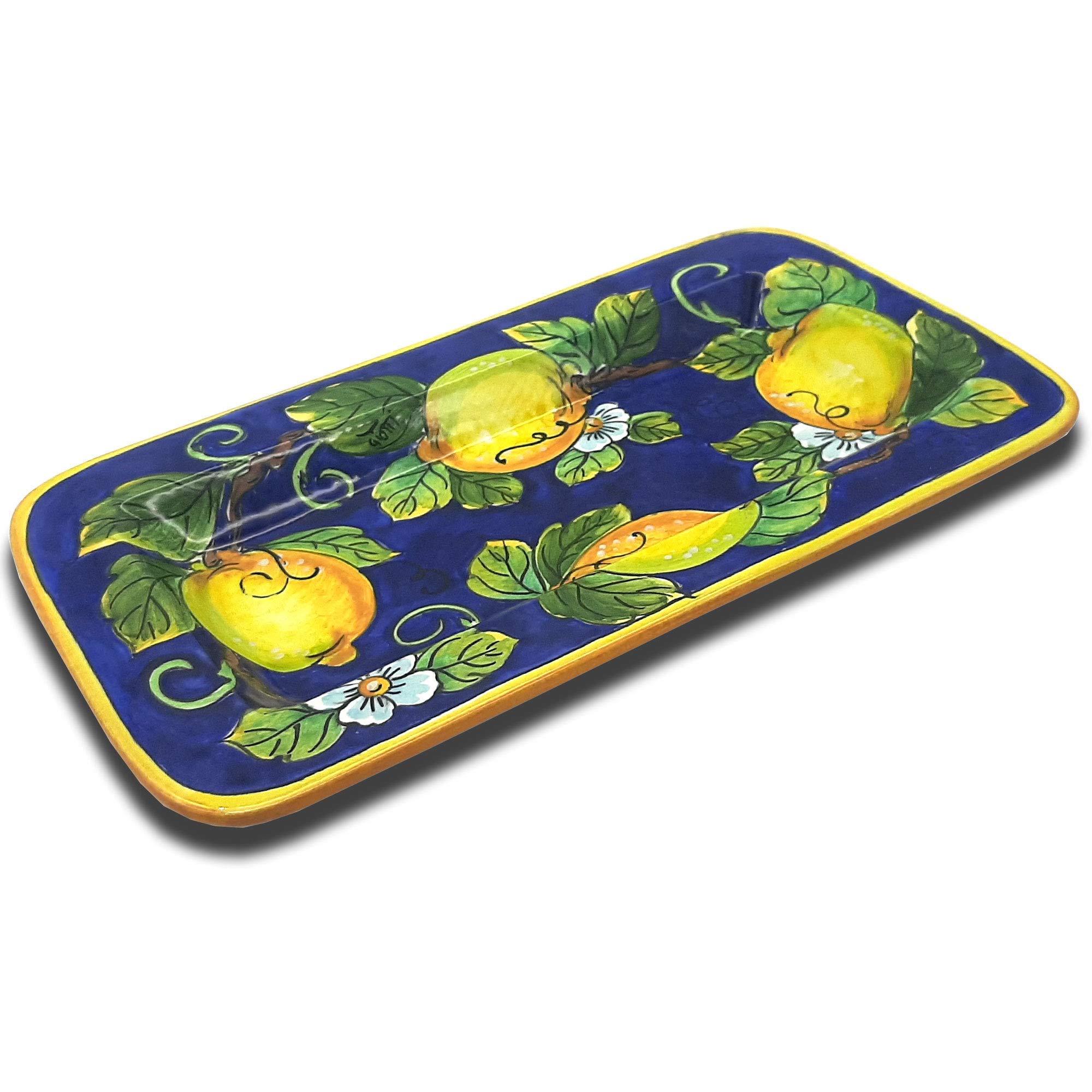 Large Ceramic Tray for kitchen - Italian dinnerware meat serving - Yellow White Blue Lemon serving tray - Hand painted Tuscan pottery bowl - Made in Italy plates - Ceramics salad tuscan soul platter
