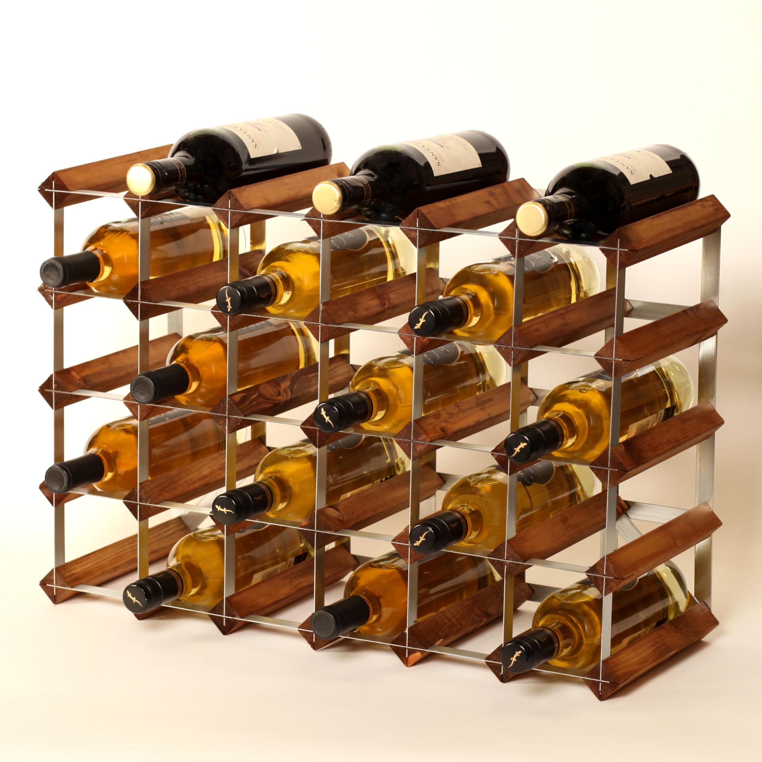 Classic 30 (6x4) bottle Oak stain pine wood and galvanised metal wine rack