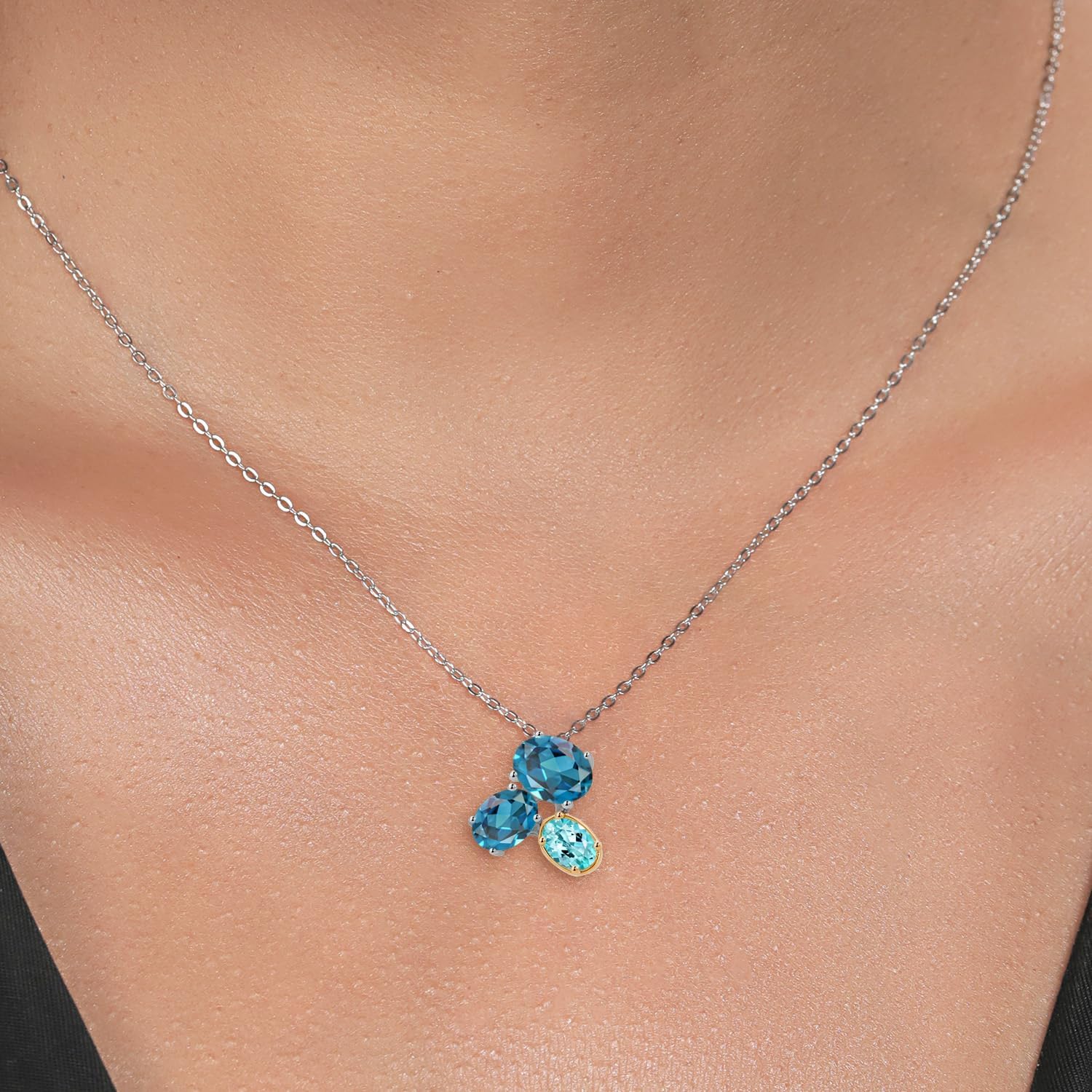Gem Stone King 925 Silver and 10K Yellow Gold London Blue Topaz and Blue Apatite Pendant Necklace For Women (3.02 Cttw, Oval 8X6MM, 7X5MM and 6X4MM, Gemstone November Birthstone, with 18 Inch Chain)