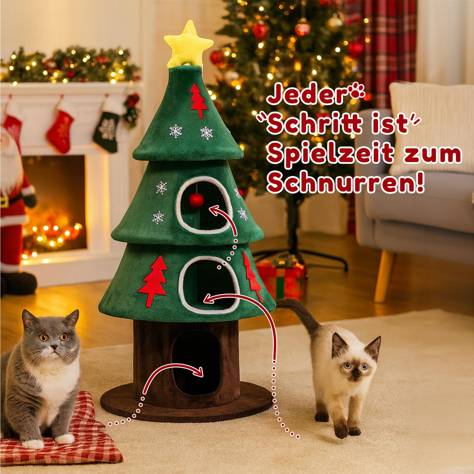COMHOMA Kratzbaum 135 cm hoch, Weihnachtsbaum-Design, mehrstöckiger Katzenbaum mit Katzenhaus, mit Kratzsäulen Spielball Stabiler Kletterbaum für Katzen, grün