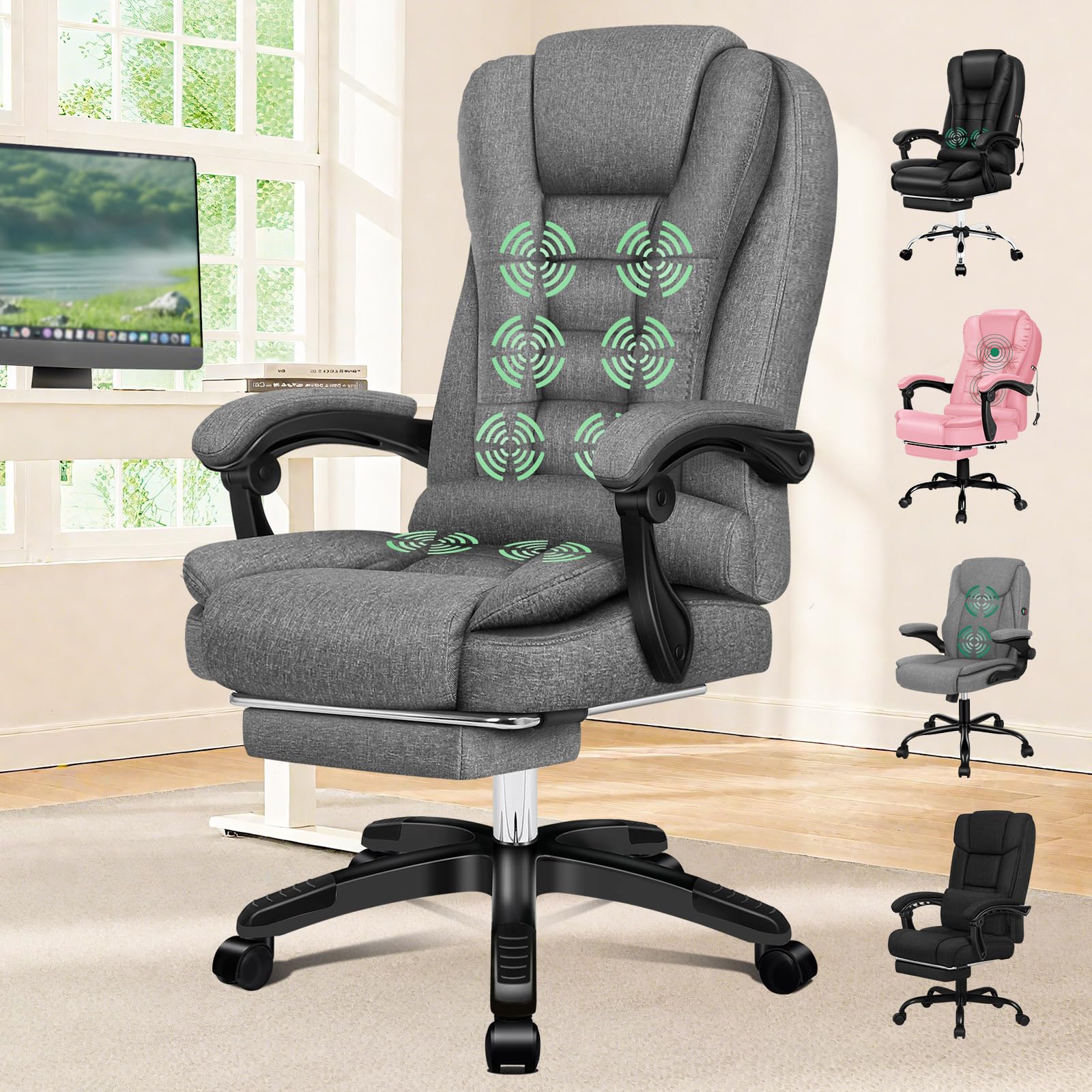 ELFORDSON Executive Office Chair with 8-point Massage Seat Heated, PC Desk Gaming Chair with Armrests Footrest High Back 150° Recliner Tilt Padded Swivel Fabric Linen, Grey