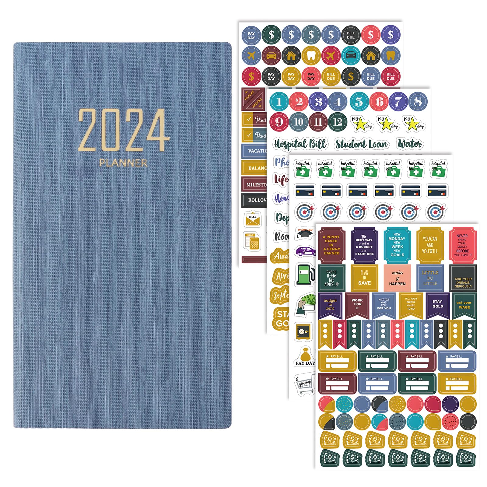Agenda 2024 A6 + Pegatinas para Planificador Pequeña Agenda Anual 2024 Daily Planner con 60 Hojas Agenda Diaria 2024 (Azul)