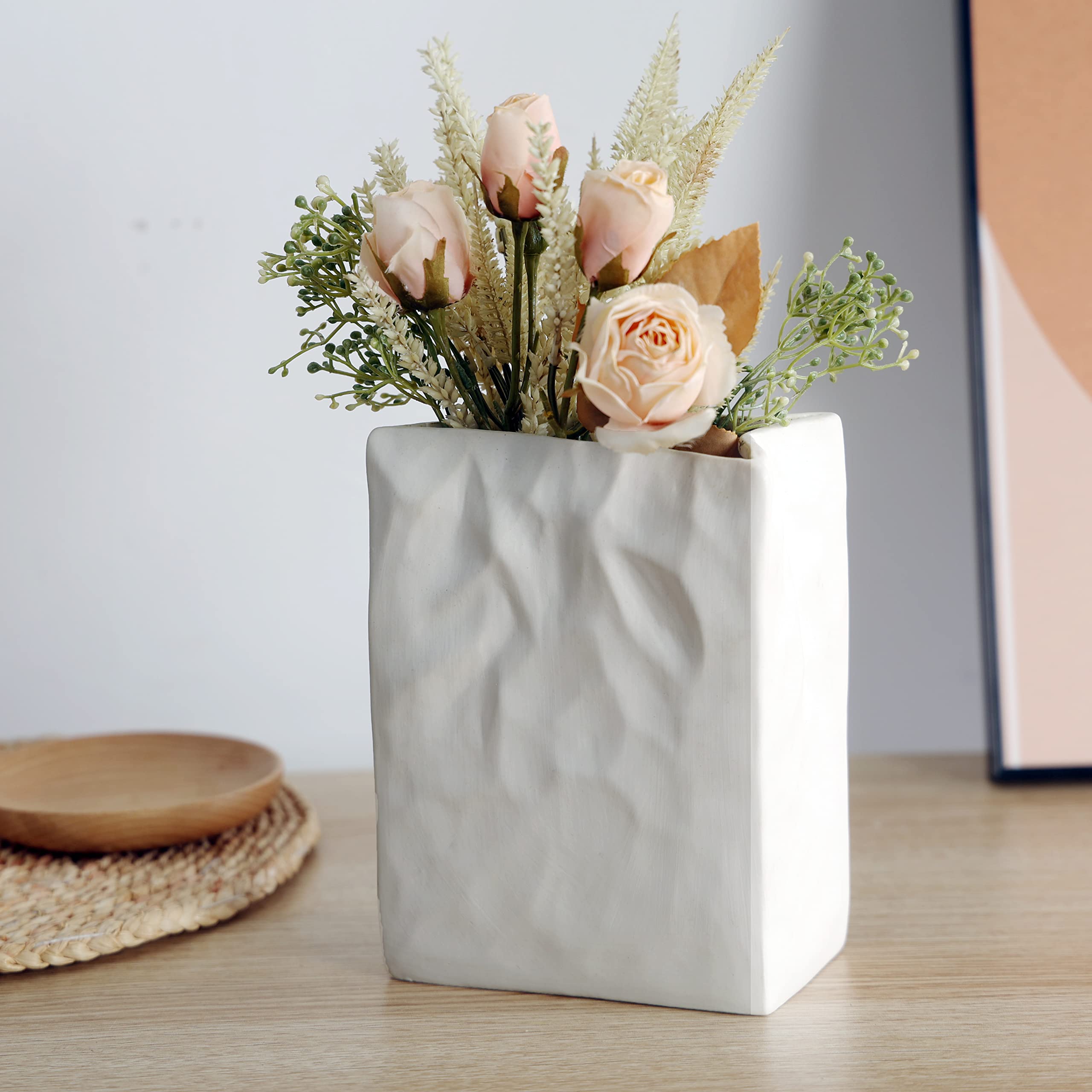 White Ceramic Vase for Modern Home Decor, Crinkle Paper Bag Flower Vase Minimalist Style for Room, Bedroom, Living Room, Kitchen, Boho, Desk, Shelf Decor