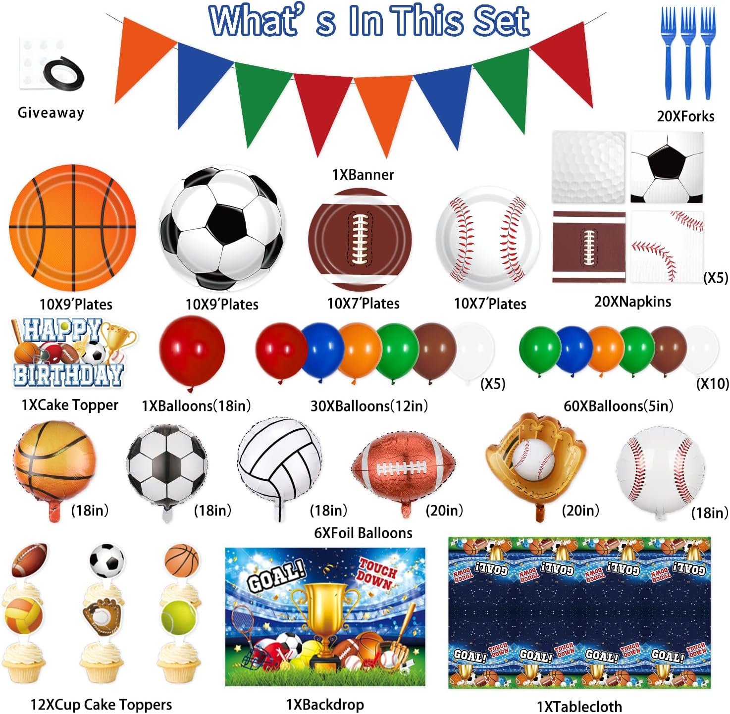 211Pcs Sports Birthday Party Decorations,Sports Themed Party Decorations,Set Include Banner Balloon arch,Backdrop, Cake Toppers,Tableware, Tablecloth - Image 3