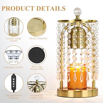 Gold Candle Warmer Lamp with Timer and Dimmer - Electric Candle Warmer,Crystal Candle Lamp for Bedroom Decor,Flameless Scented Candle Light Warmer,House Warming Gift New Home for Women