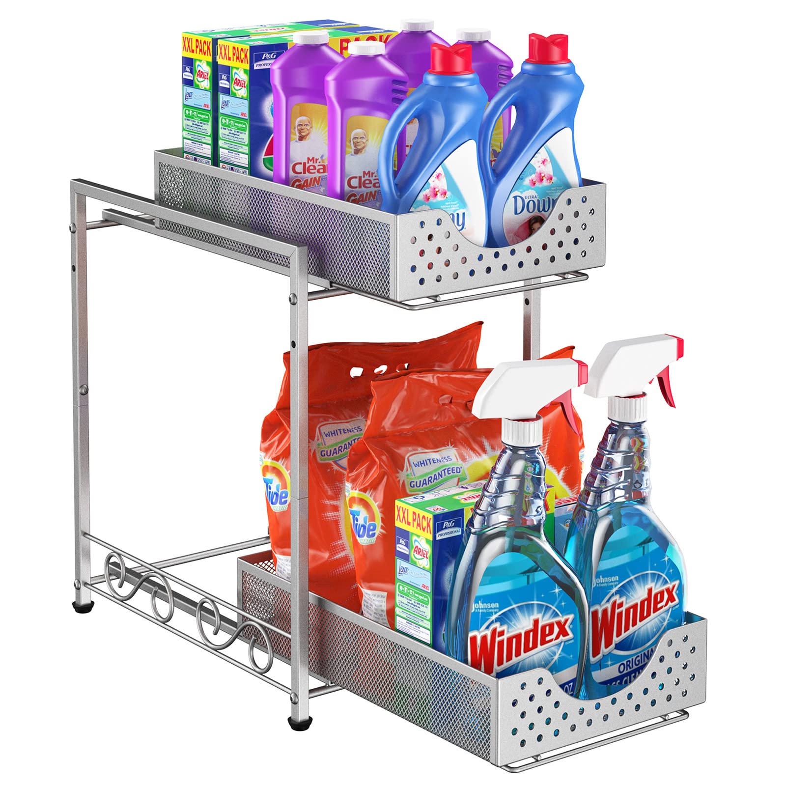 Kitchen Shelf Organizer, Bathroom Cabinet Organizer and Storage, 2 Tier Kitchen Cabinet Organizers and Storage, Metal Rolling Kitchen Organizer for Under Sink Storage with Non-slip Feet