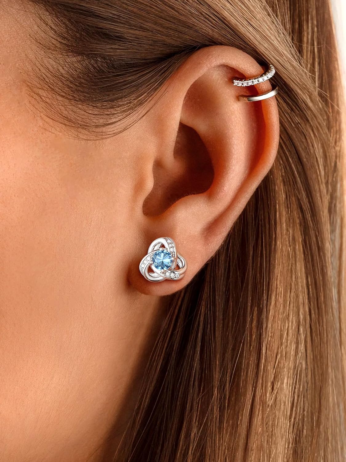 Suplight Love Knot Birthstone Earrings for Women, S925 Sterling Silver Earrings Flat Back Diamond Stud Earrings Christmas Gifts for Women Emerald Sapphire Earrings Birthday Gifts for Women Wife Mom - Image 3