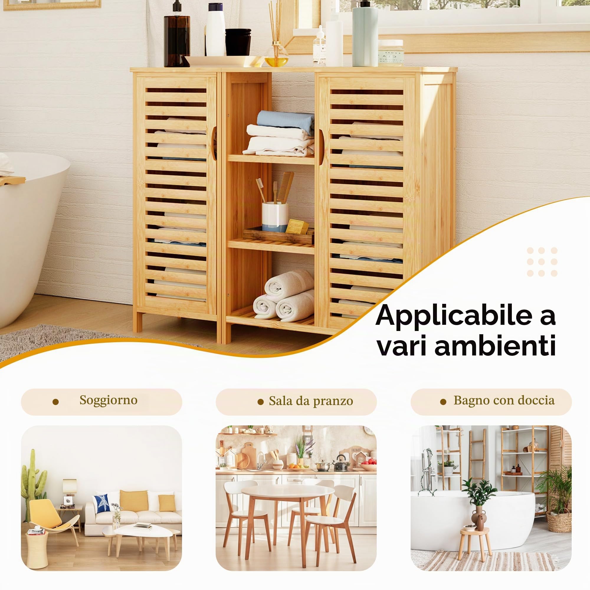 SogesPower Armadietto Portaoggetti da Bagno in Bambù Credenza Autoportante per Soggiorno, Cucina, Ufficio Domestico