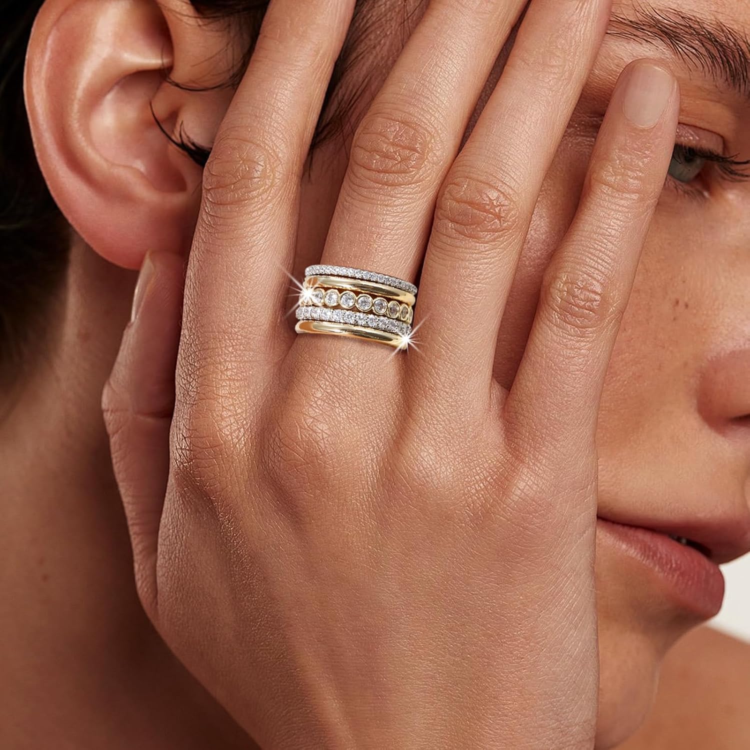 BOMAIL Stackable Rings for Women-Non Tarnish 18K Gold Plated Interlocking Rings Set Gold Silver Mixed Metal Statement Rings Dainty Cubic Zirconia CZ Connected Band Thumb Ring Jewelry for Women - Image 3