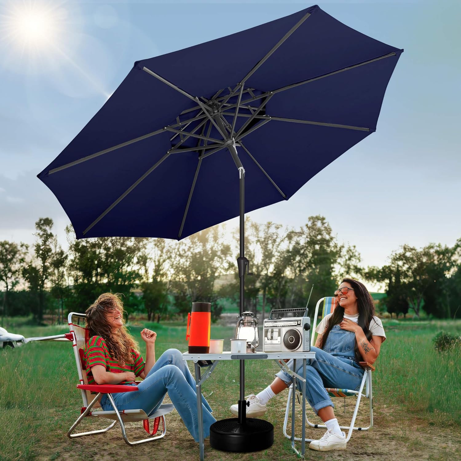 FLAME&SHADE 2 Tiers 9ft Solar Light Patio Umbrella, 40 LED lights outdoor umbrella with Centre Surround Light, Table Market Umbrella for Deck, Pool, Porch, Backyard, Garden (Navy Blue)
