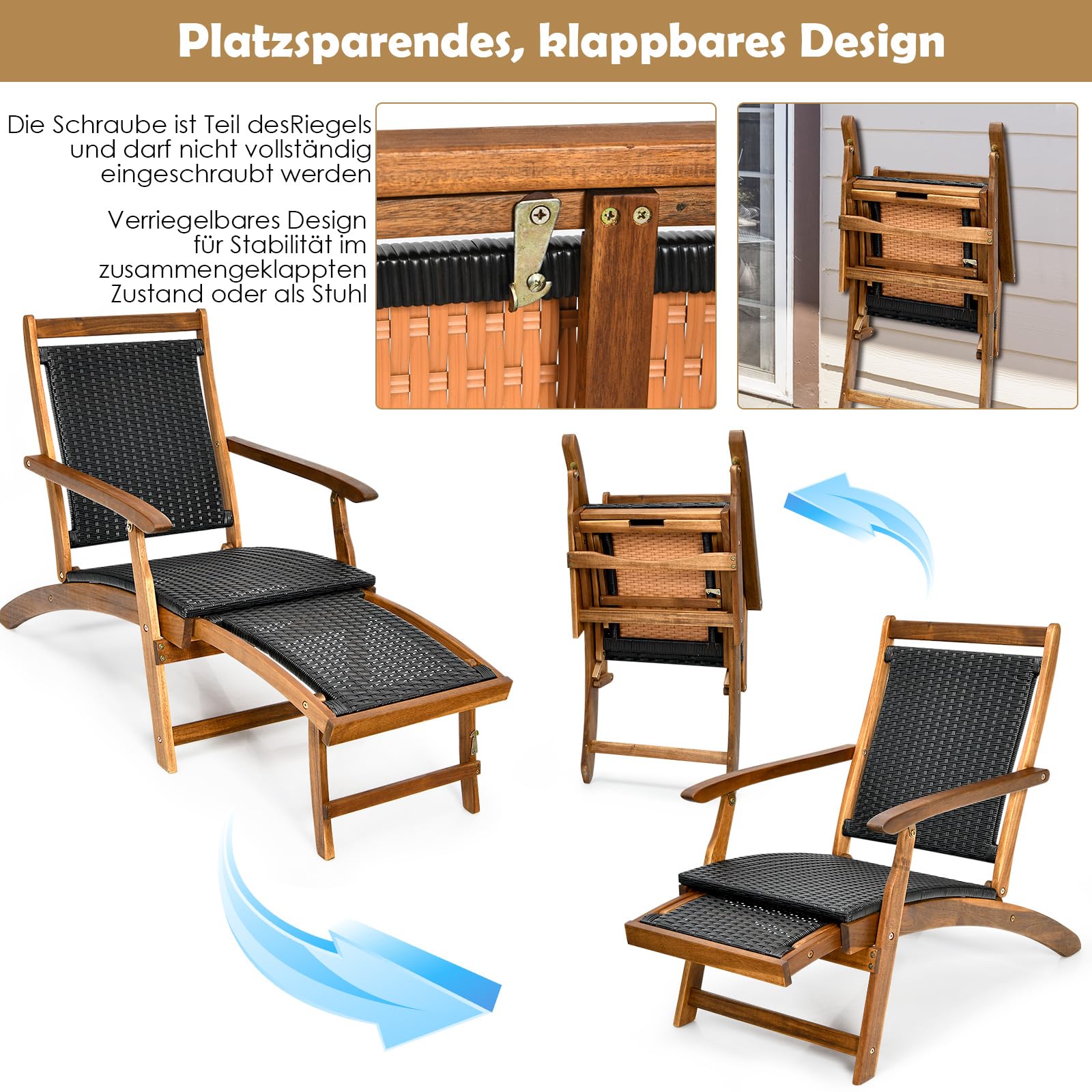 COSTWAY Sonnenliege klappbar, Gartenliege mit ausziehbarer Fußteil, wetterfester Liegestuhl aus Polyrattan und Akazienholz, Relaxliege bis 160 kg belastbar, für Balkon, Garten, Terrasse