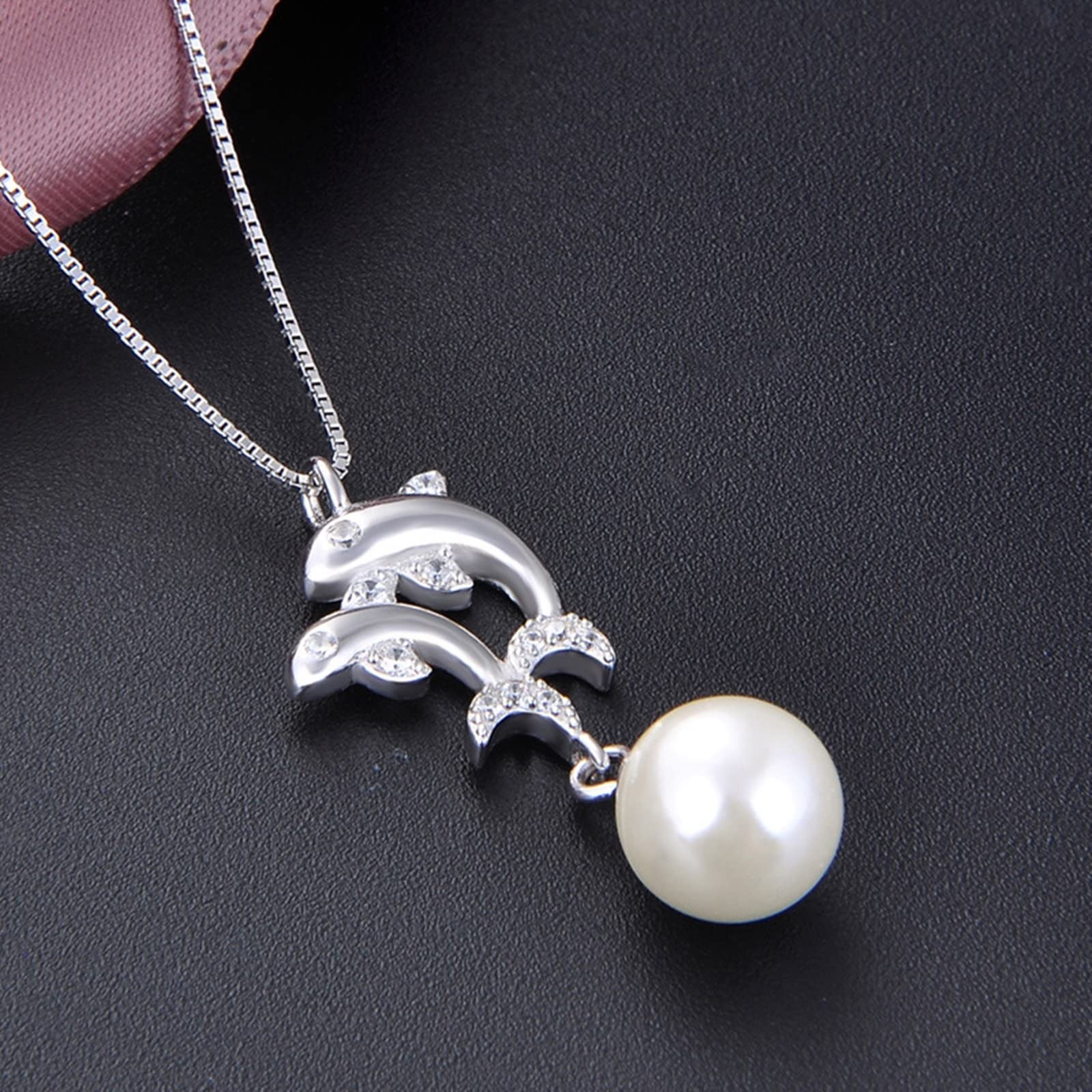 HLTYGWX Halskette aus 925er-Silber, Delfin-Halskette für Damen, runde Perlen-Box-Kette aus Metall