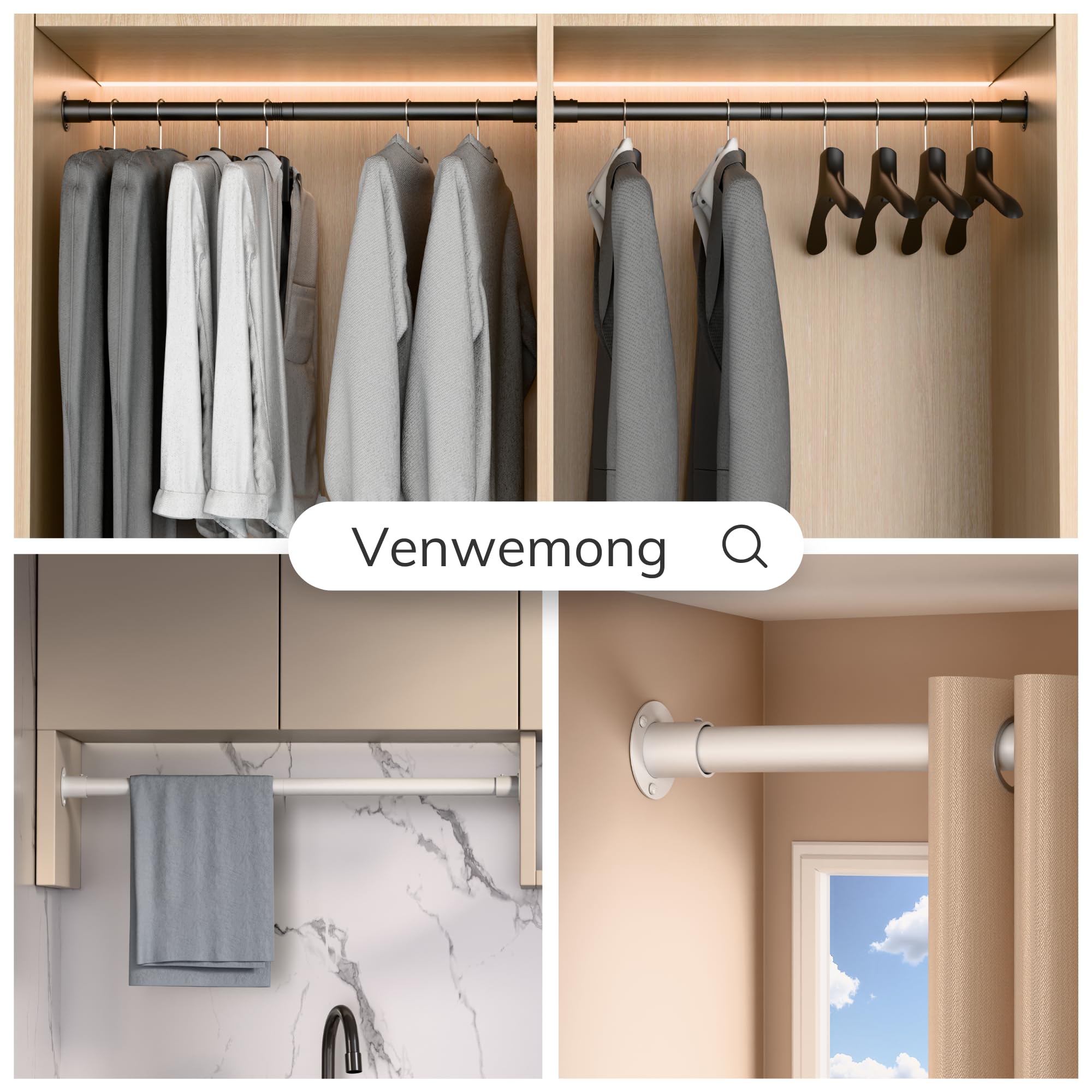 Venwemong Barra de Armario, Barra de Ropa Extensible, Acero Inoxidable Estable para Armario y Almacenamiento, Blanco, Longitud 85–230cm, Diámetro 32mm