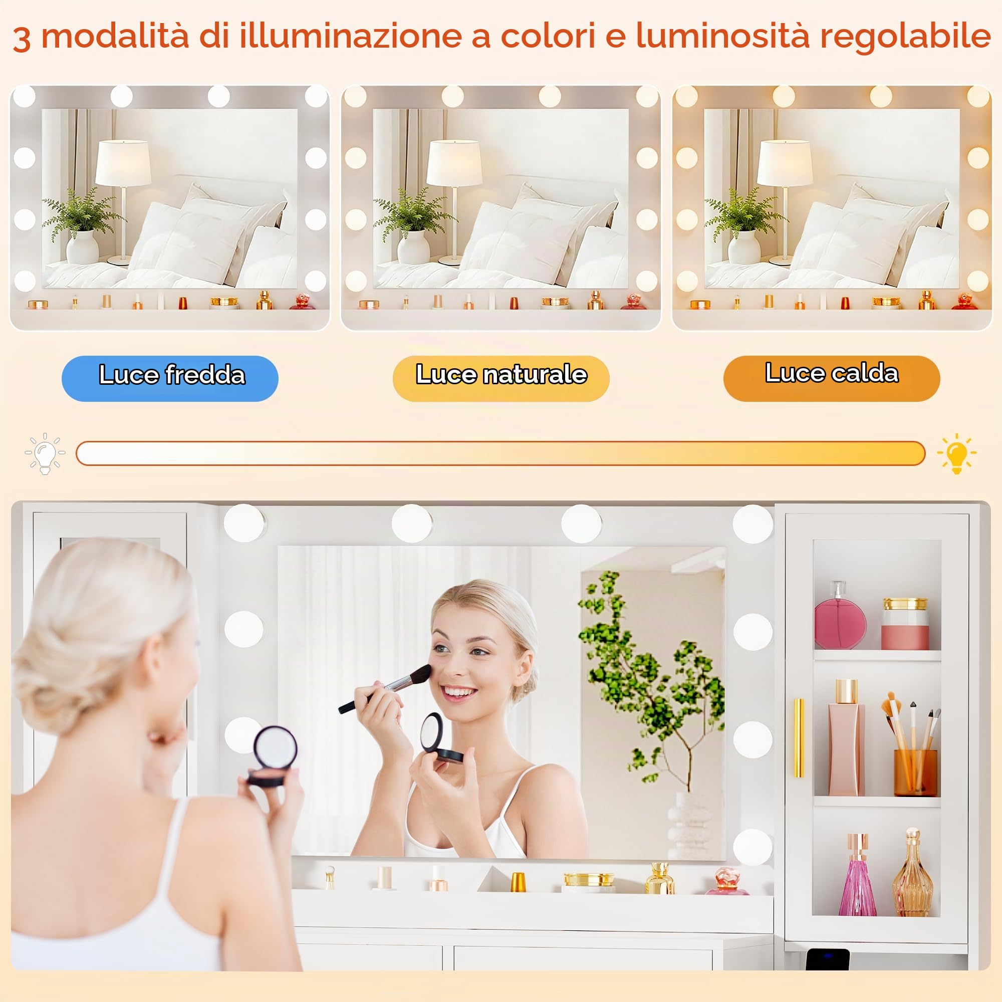 ANWBROAD 135cm Toeletta da Trucco con Piano in Vetro e Specchio e Luci LED | Grande Tavolo da Trucco con Grande Prese, Postazione Trucco con 11 Cassetti, 6 Ripiani, 2 Vassoi Moderna Bianca per Donna