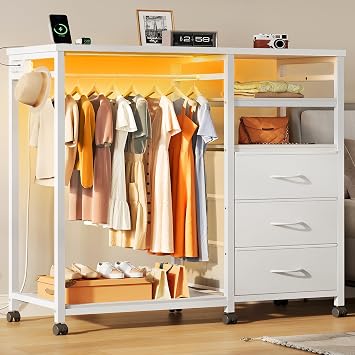 WLIVE White Chest of Drawers with LED & Charger, Fabric Open Wardrobe