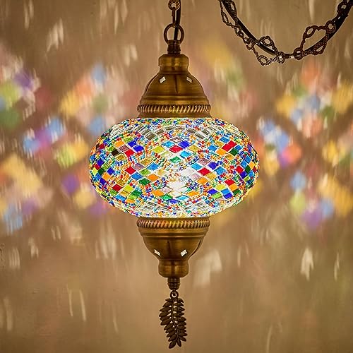 Miniatura 7 de DEMMEX Lámpara colgante enchufable de mosaico turco auténtico tipo swag, globo grande de 6.5 pulgadas - Lámpara de techo colgante marroquí - Cable y