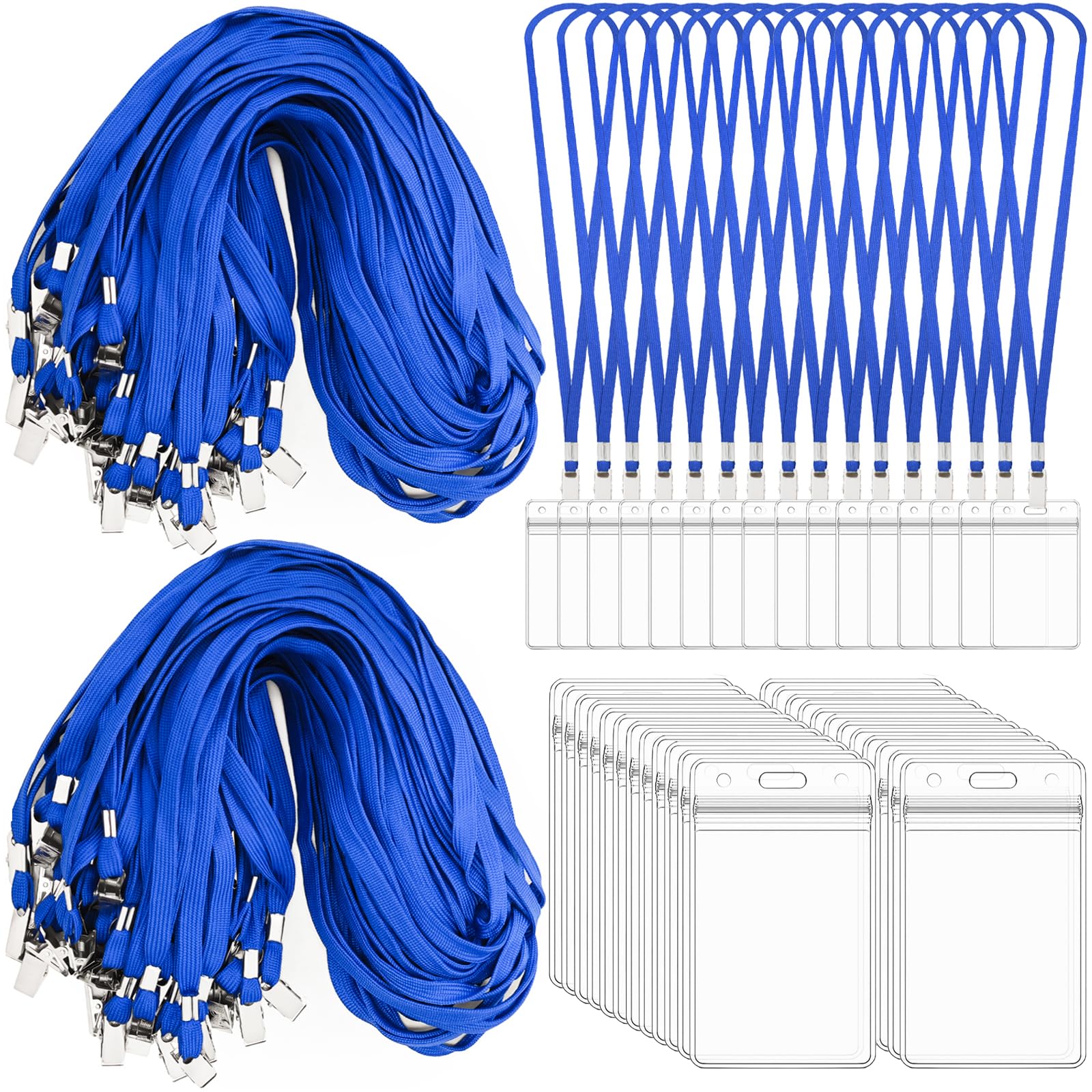 200Pcs Clear Plastic Horizontal Name Tags Badge ID Card Holders 200 Pcs Neck Lanyards, Name Tags Lanyards and ID Holder for Nurses Teacher Students, Blue
