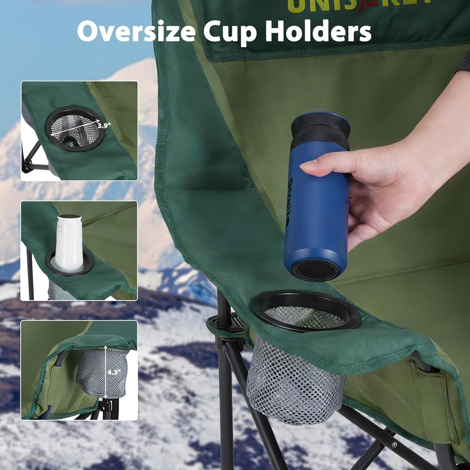 Unisakey Double Camping Chair, Oversized Padded Loveseat, Heavy Duty 600LBS Folding Chair with Cup Holders & Carry Bag, 600D Oxford Portable Outdoor Chair for Hiking/Backyard/Sports/Fishing, Green
