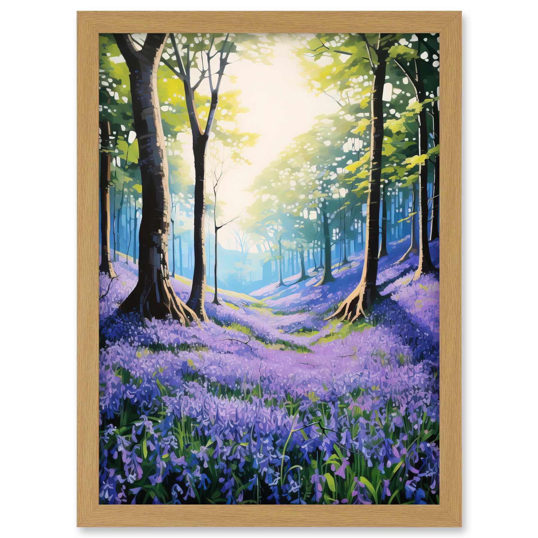 Artery8 Bluebell Forest Sunshine Vibrant Artwork Purple Blue Flowers Early Morning Serene Landscape Artwork Framed A3 Wall Art Print