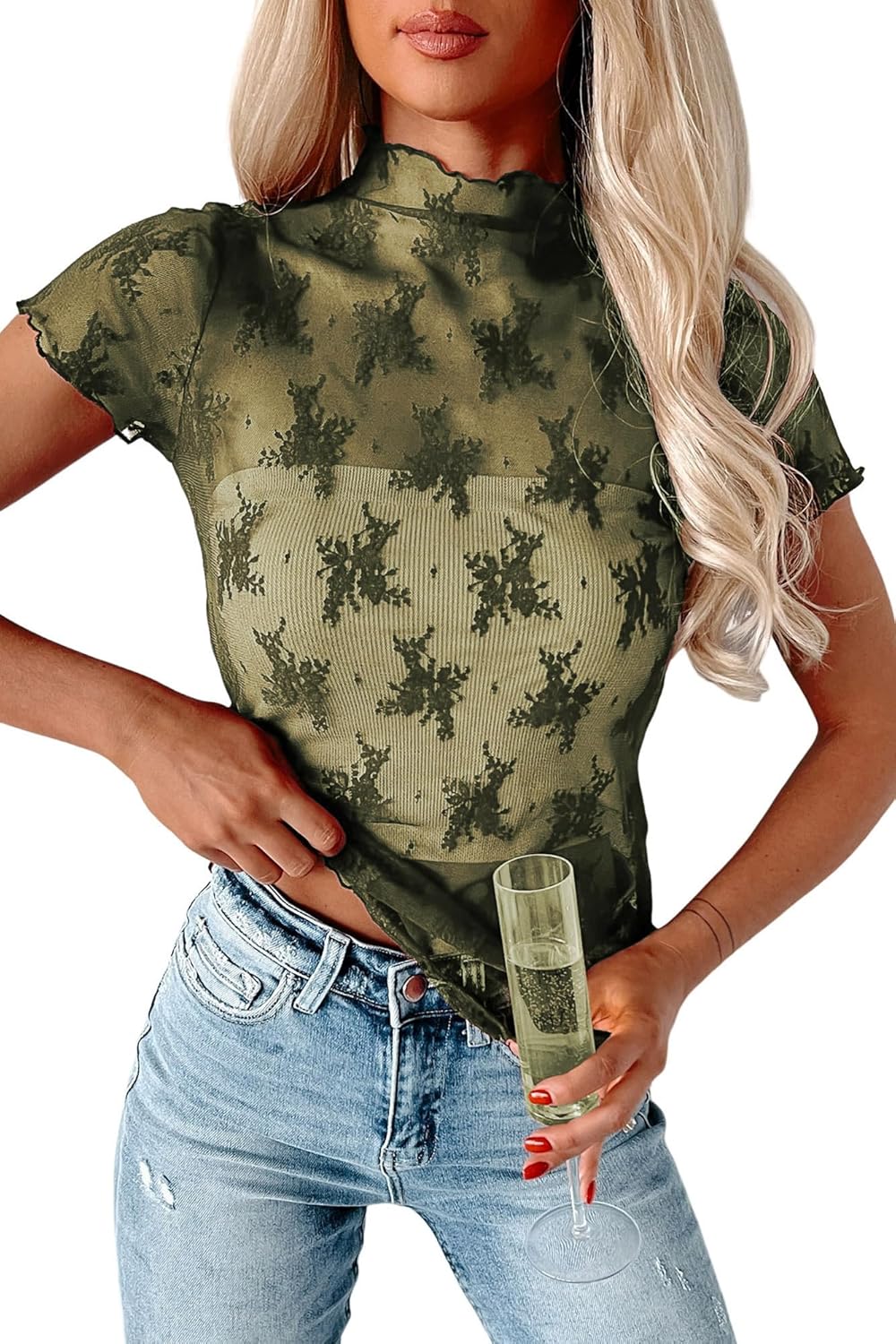 APOOU Womens Floral Sheer Mesh Lace Tops Mock Neck Short Sleeve Shirt Sexy See Through Top Y2k Blouses