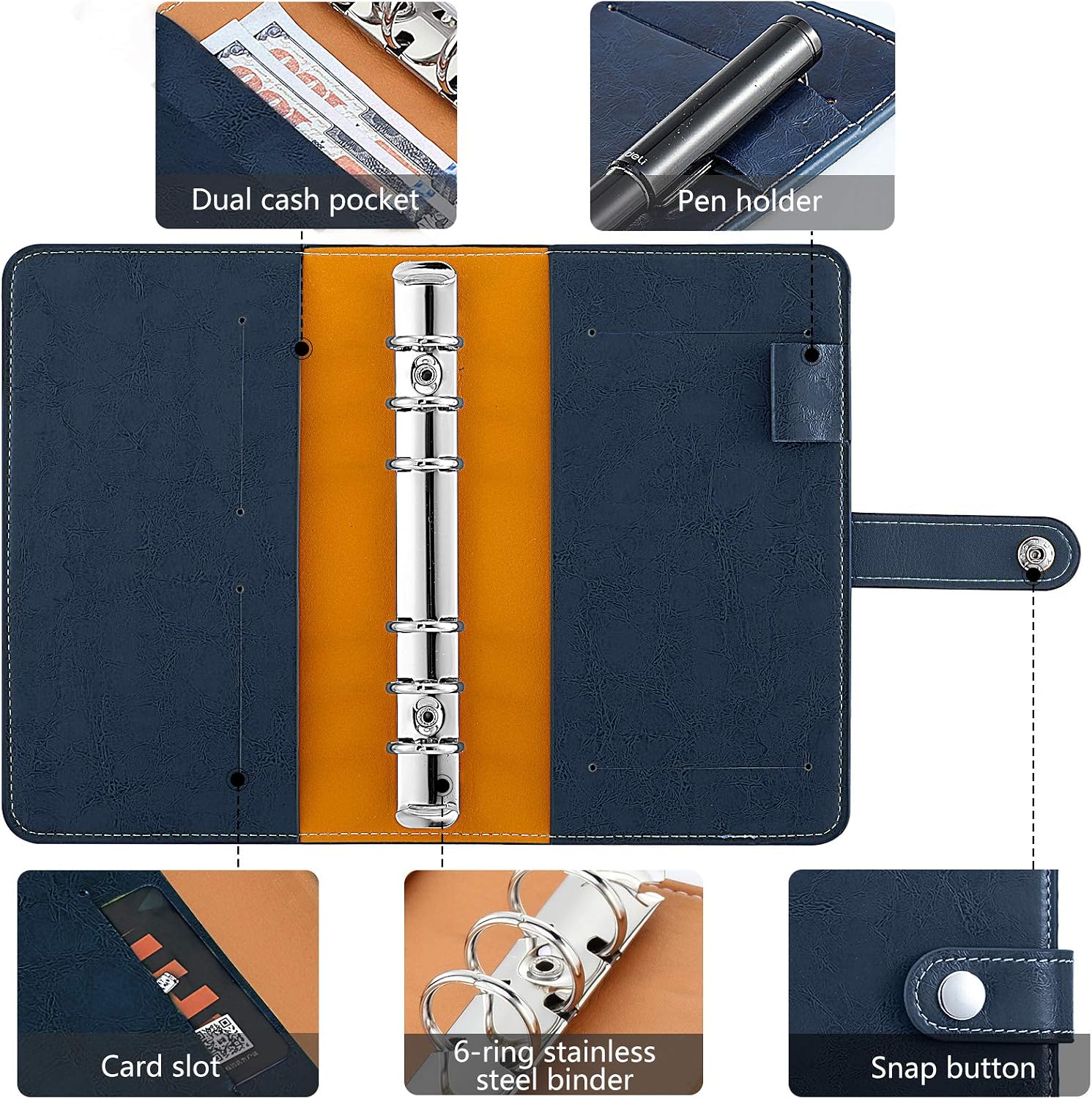 Housolution A6 Money Binder, Vintage PU Leather Budget Binder Refillable 6 Ring Binder, Money Orgnaizer with 12 PCS Label Pocket Cash Envelope Pockets & 12 Random Color Paperboards, Vintage Blue