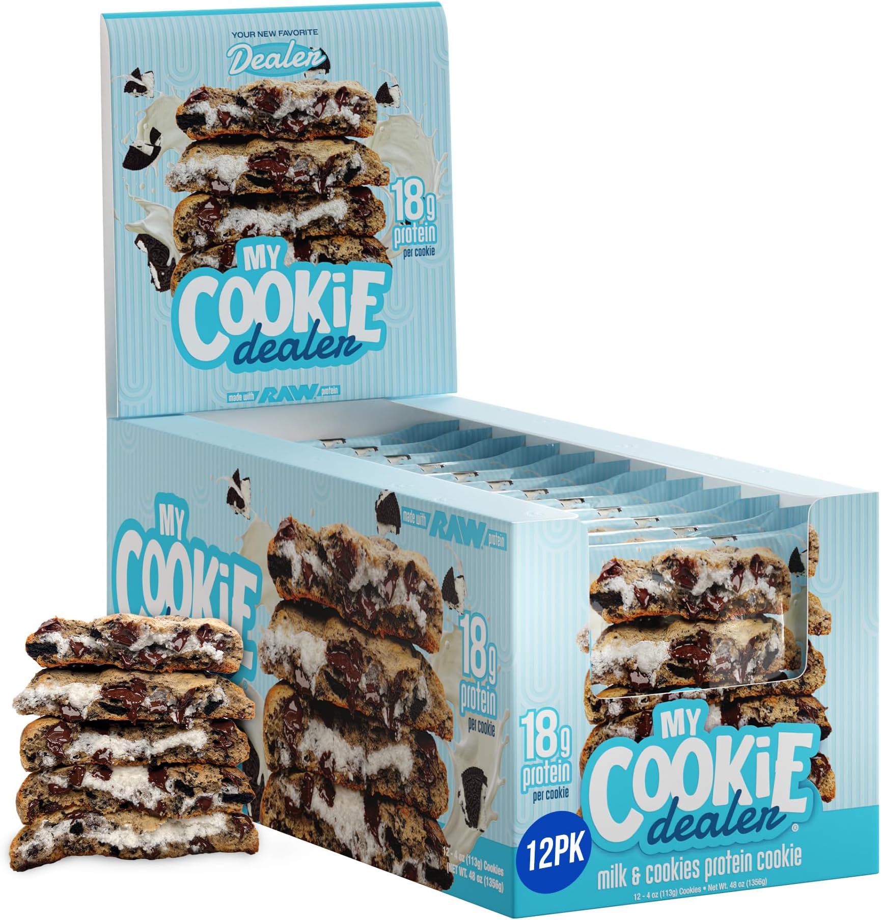 My Cookie Dealer Soft Baked Protein Cookies | 18g Protein per Cookie | Made with RAW™ Protein | Individually Wrapped | Pack of 12 x 113g Cookies | Milk & Cookies