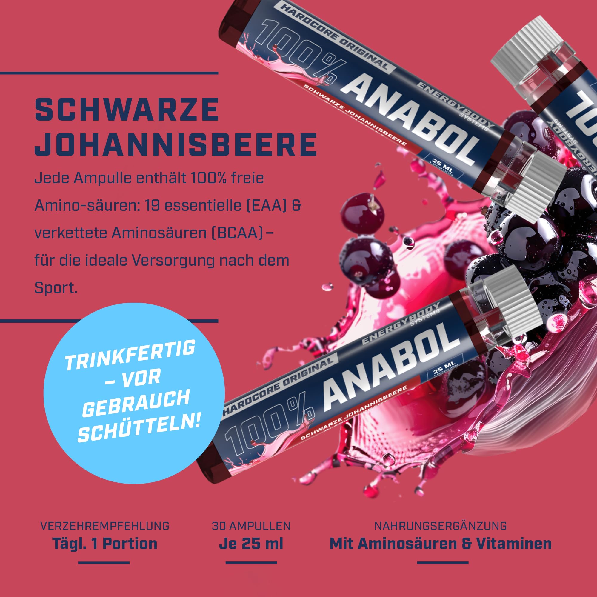 Energybody® 100% Anabol Aminosäuren Komplex hochdosiert flüssig - 30x25ml Ampullen - Amino Liquid mit 19 essentiellen EAAs, BCAAs & Vitaminen - Schwarze Johannisbeere