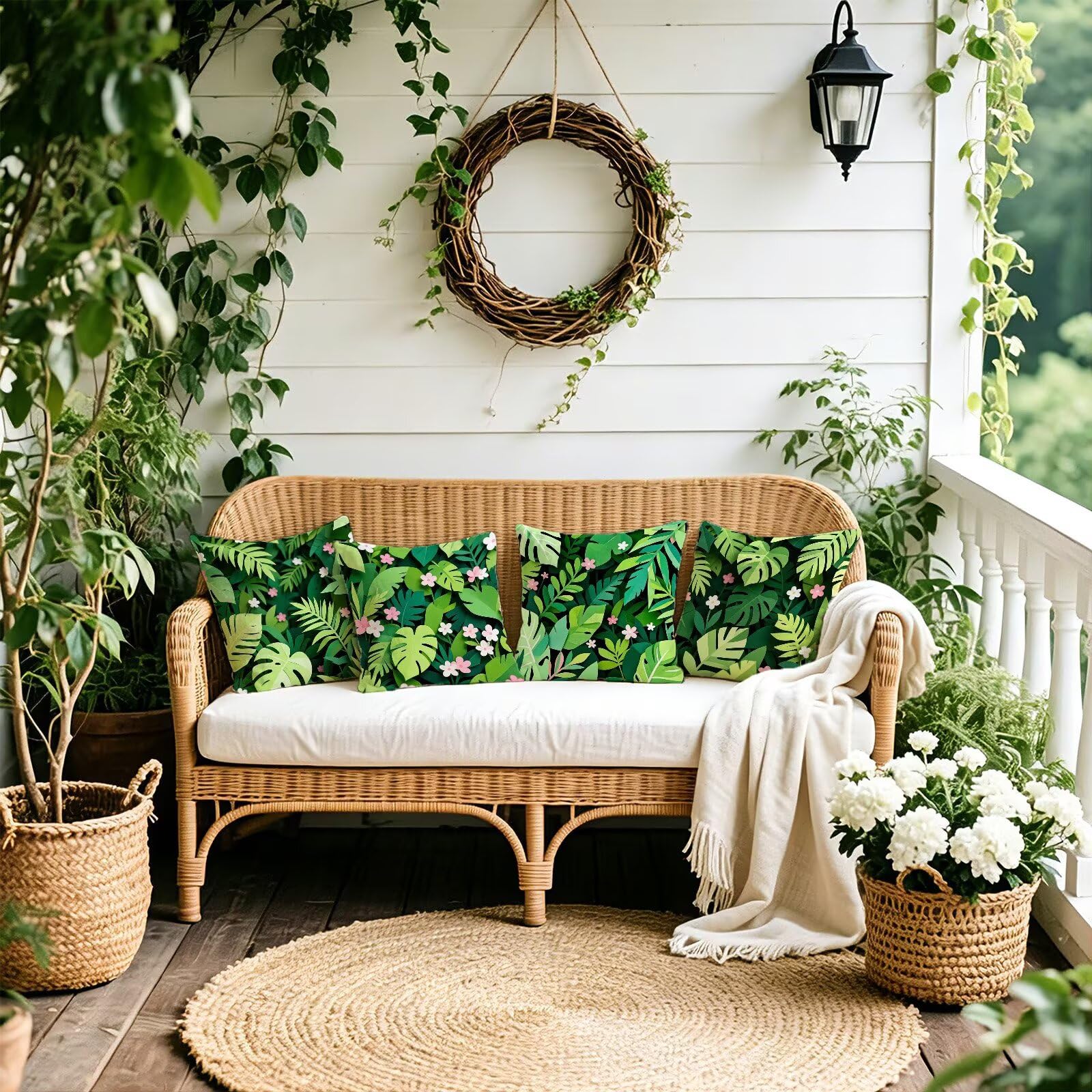 Verde Federe Cuscini Divano 40x40cm, Cuscini da Esterno Set de 4, Cod-115 | Velour Copricuscini Decorativi Letto Arredo, per Letto, Soggiorno, Giardino, Esterno, Casa Decorazione Set di 4 Pianta