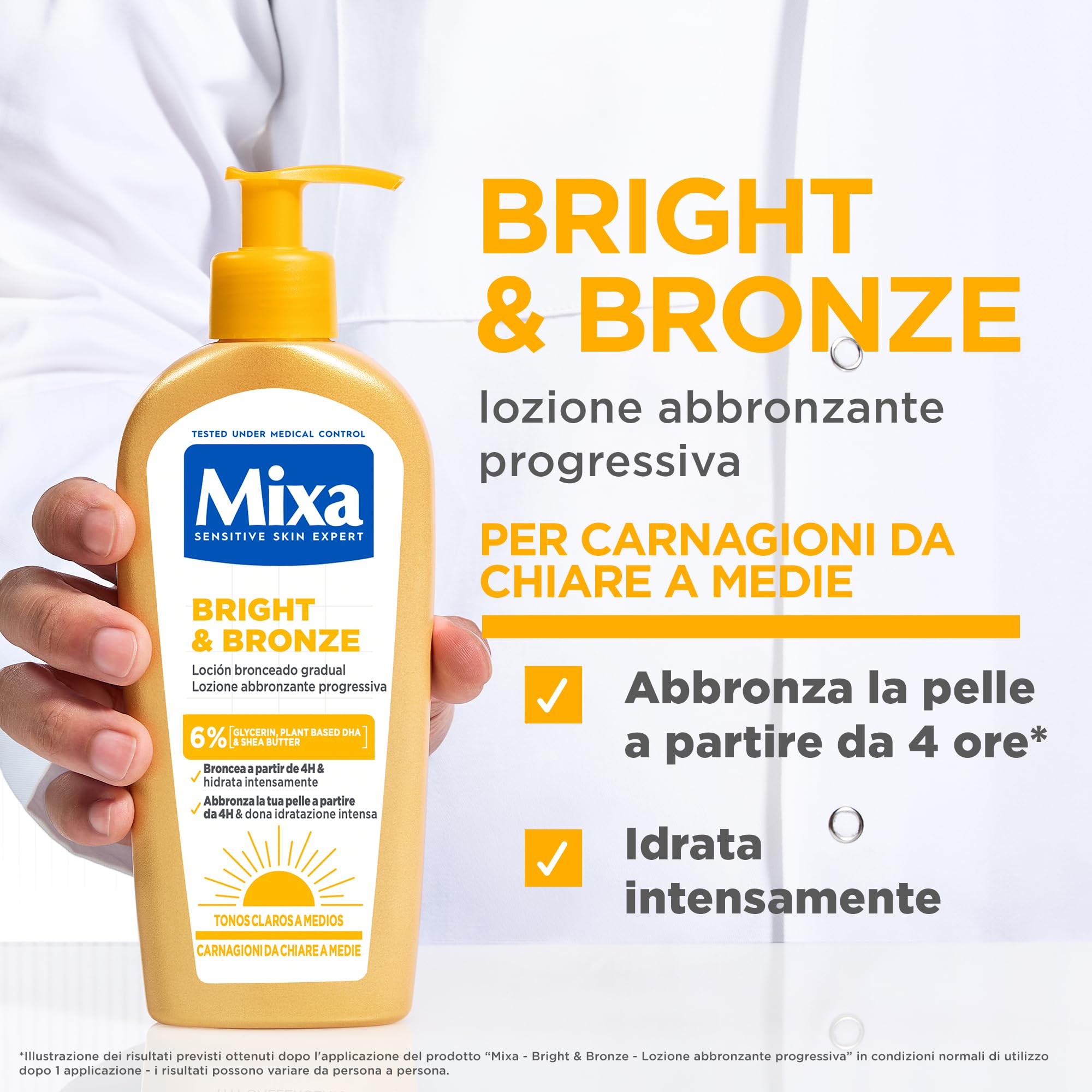 Mixa Lozione Abbronzante, Per Viso e Corpo, Per Carnagioni Chiare e Medie, Abbronzatura Progressiva e Naturale, Pelle Idratata e Luminosa, Con Glicerina e DHA Vegetale, Bright and Bronze, 250 ml